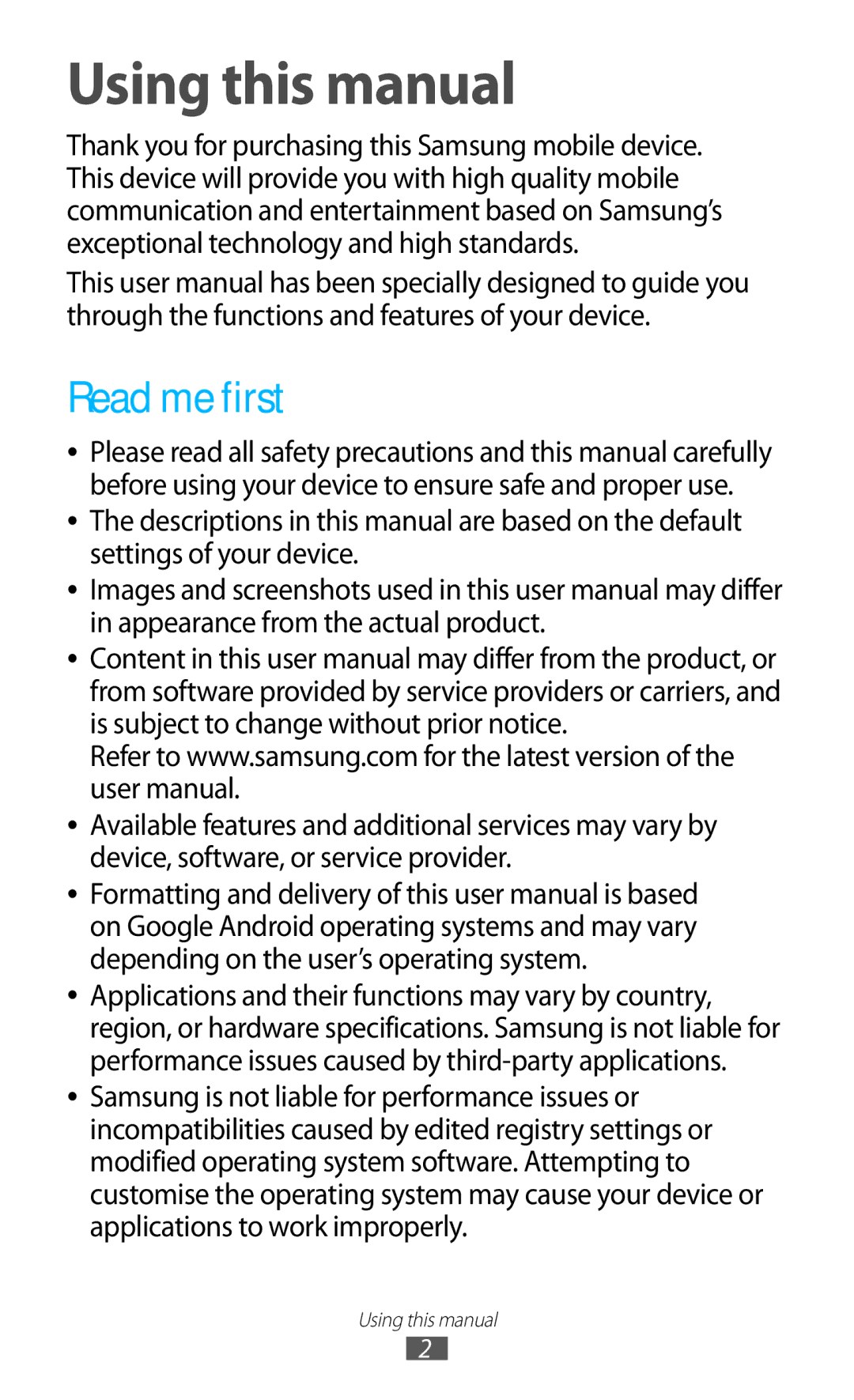 Samsung GT-N7000 user manual Using this manual, Read me first 