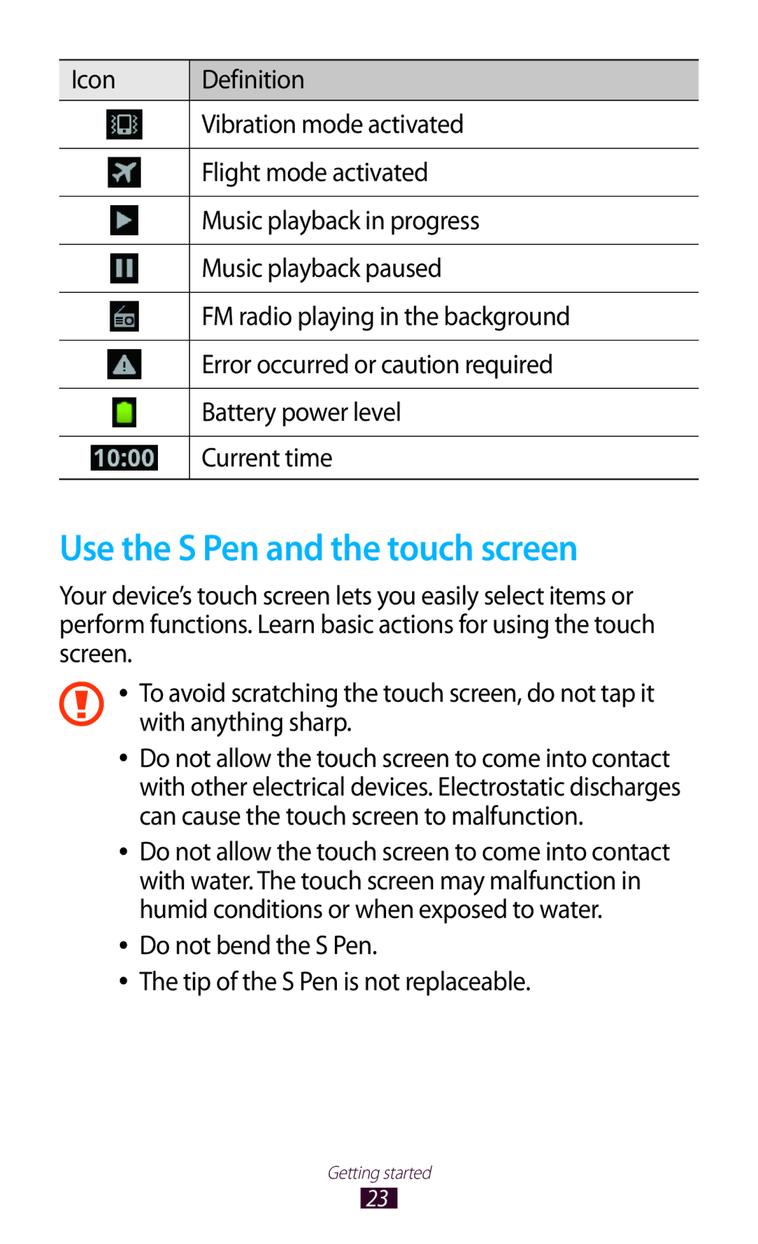 Samsung GT-N7000 user manual Use the S Pen and the touch screen, Do not bend the S Pen Tip of the S Pen is not replaceable 