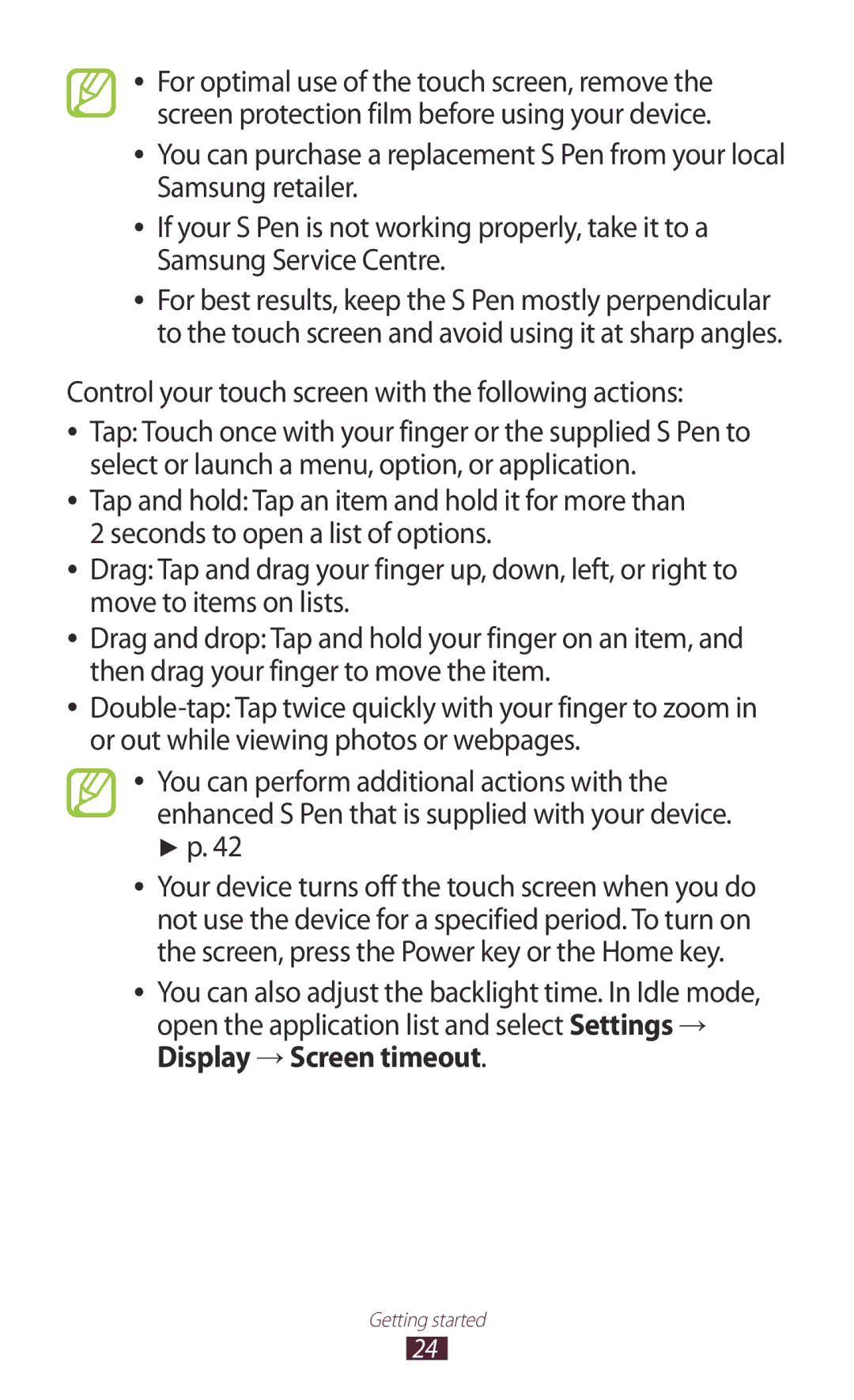 Samsung GT-N7000 user manual Control your touch screen with the following actions 