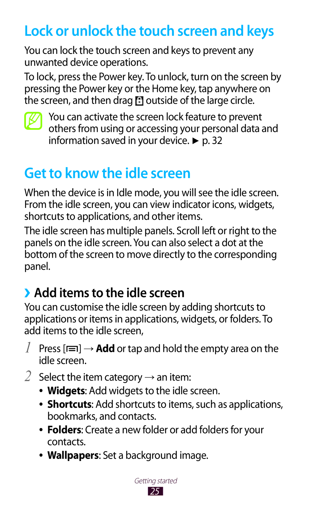 Samsung GT-N7000 user manual Get to know the idle screen, ››Add items to the idle screen 