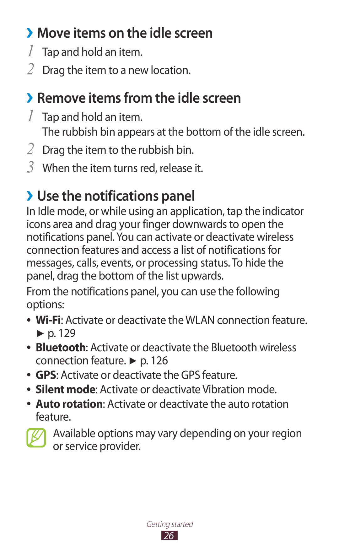 Samsung GT-N7000 ››Move items on the idle screen, ››Remove items from the idle screen, ››Use the notifications panel 