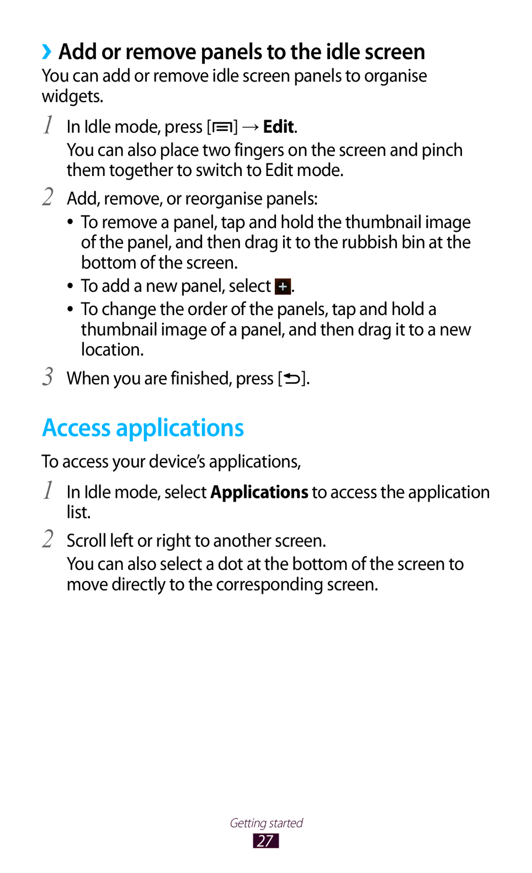 Samsung GT-N7000 user manual Access applications, ››Add or remove panels to the idle screen 