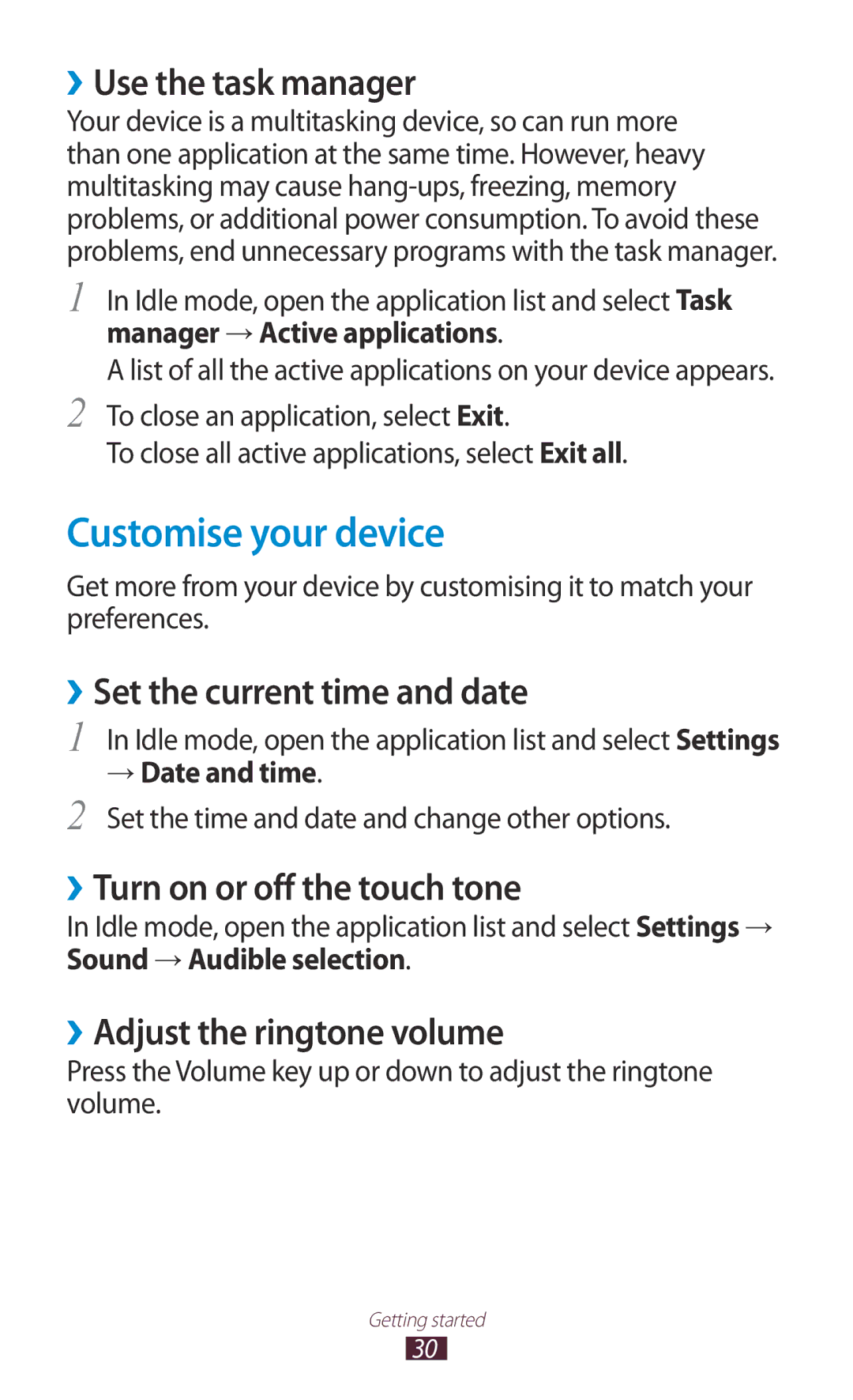 Samsung GT-N7000 user manual Customise your device, ››Use the task manager, ››Set the current time and date 