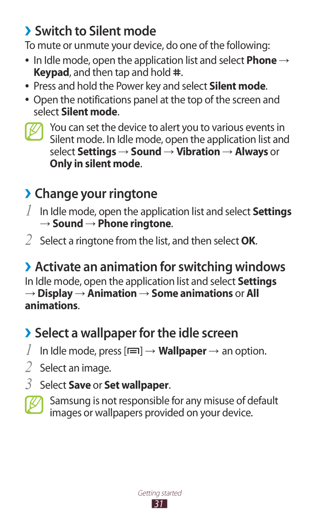 Samsung GT-N7000 user manual ››Switch to Silent mode, ››Change your ringtone, ››Select a wallpaper for the idle screen 