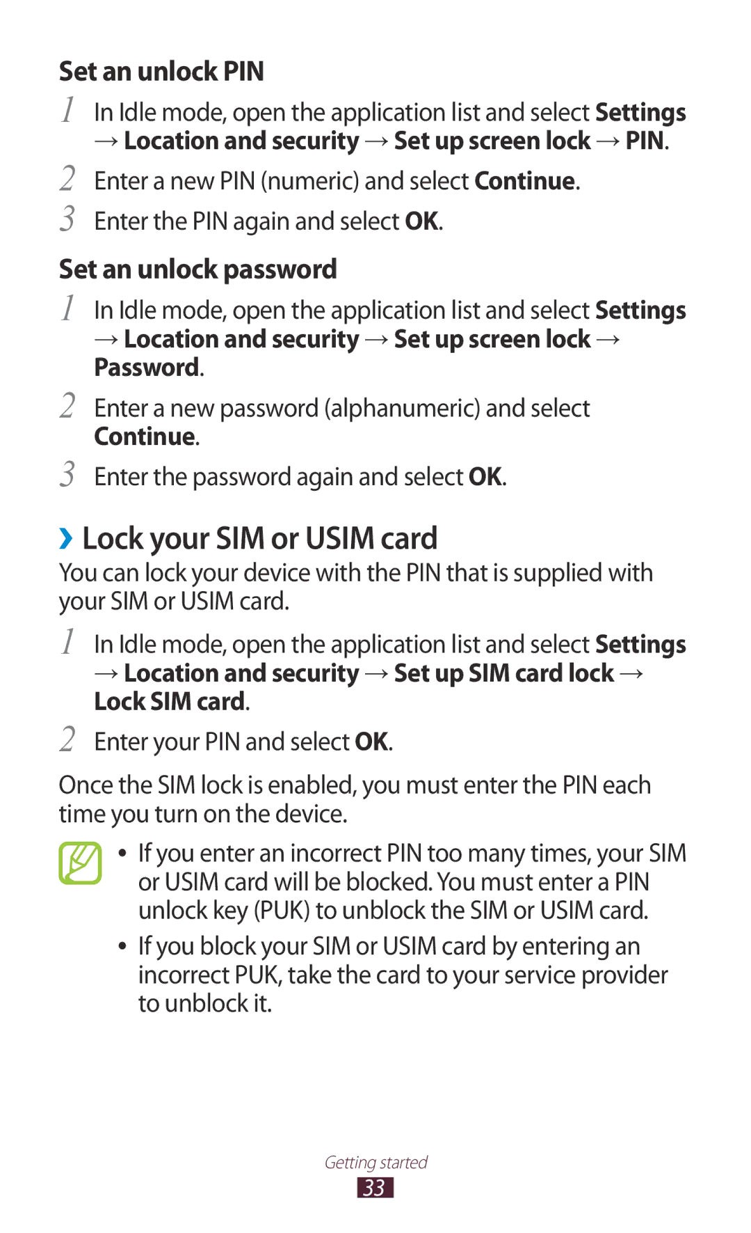 Samsung GT-N7000 user manual ››Lock your SIM or Usim card, → Location and security → Set up screen lock → PIN 