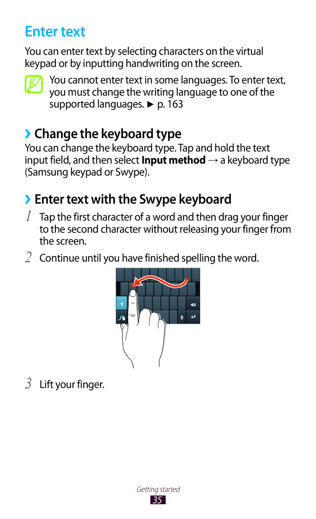 Samsung GT-N7000 user manual ››Change the keyboard type, ››Enter text with the Swype keyboard 