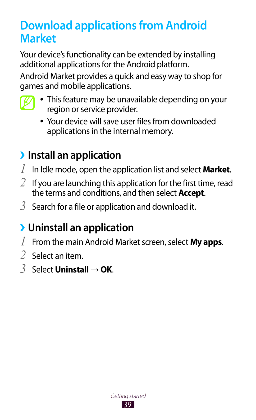 Samsung GT-N7000 Download applications from Android Market, ››Install an application, ››Uninstall an application 