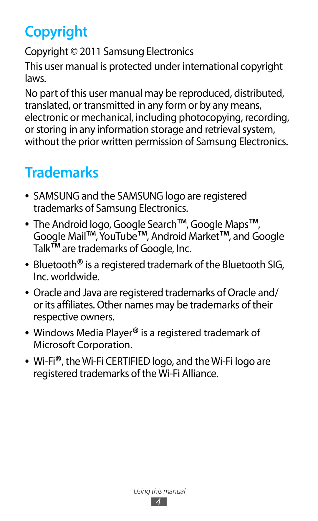 Samsung GT-N7000 user manual Trademarks, Copyright 2011 Samsung Electronics 