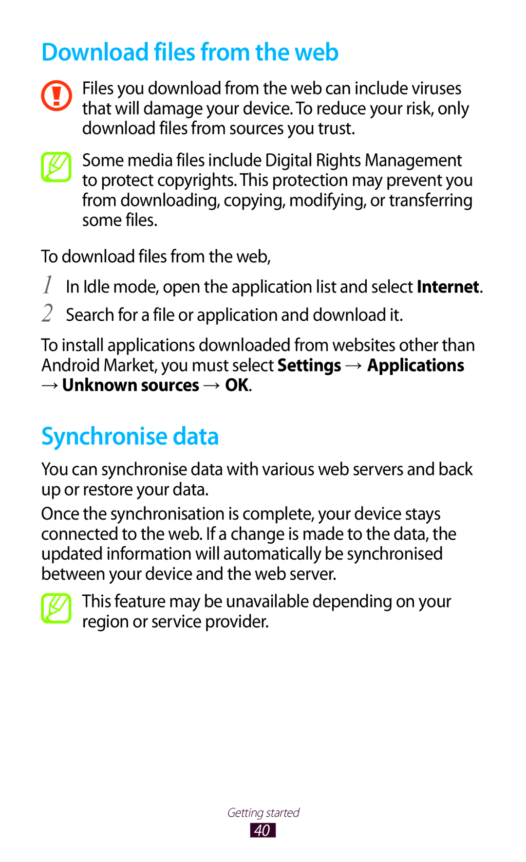 Samsung GT-N7000 user manual Download files from the web, Synchronise data, → Unknown sources → OK 