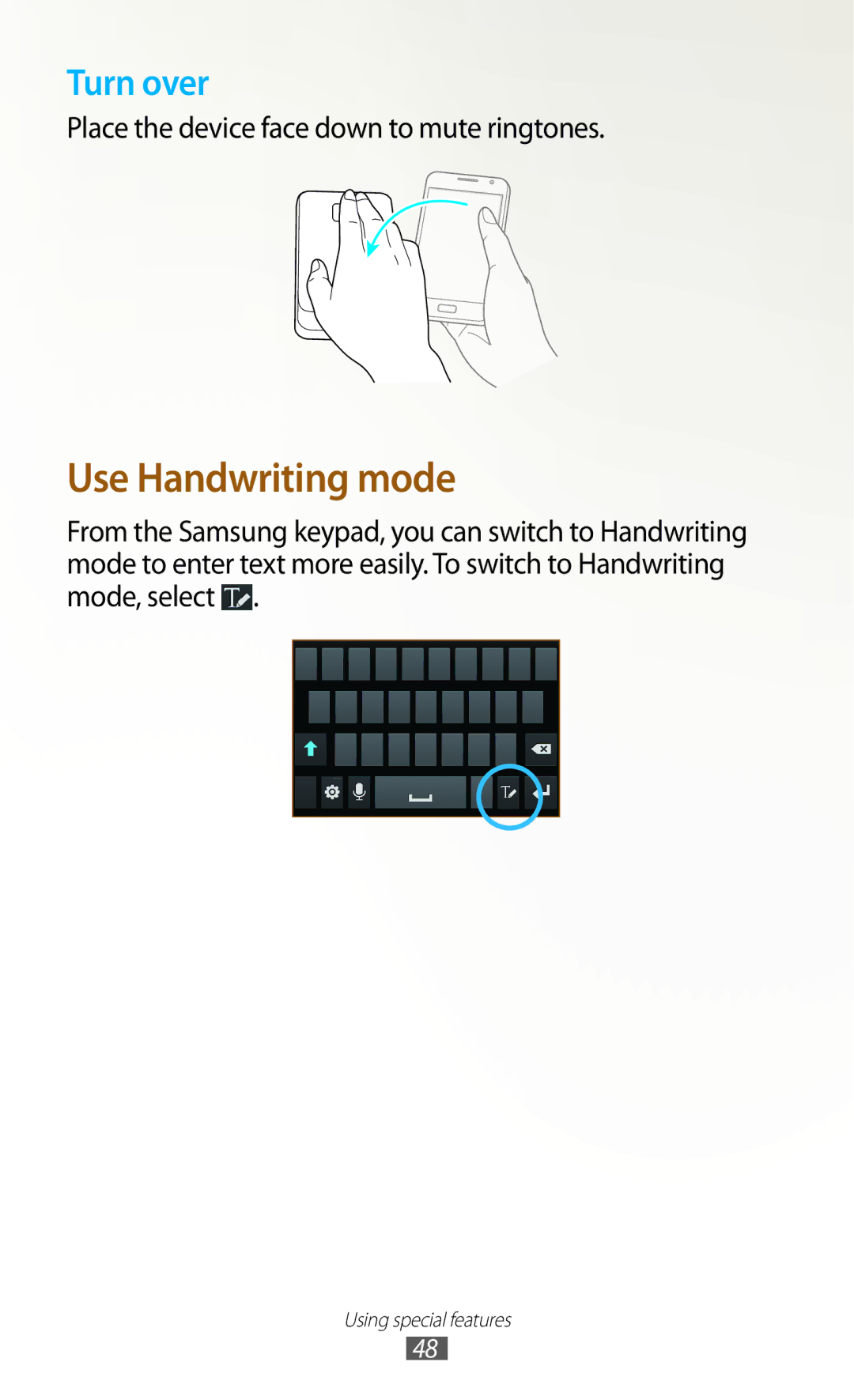 Samsung GT-N7000 user manual Use Handwriting mode, Place the device face down to mute ringtones 