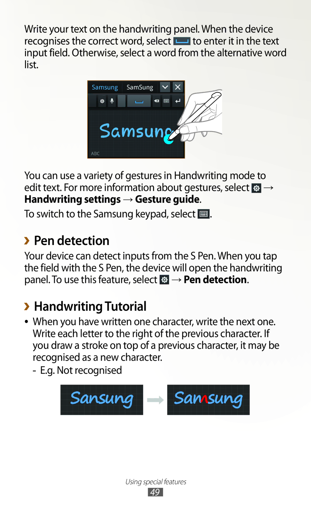 Samsung GT-N7000 user manual ››Pen detection, ››Handwriting Tutorial, To switch to the Samsung keypad, select 