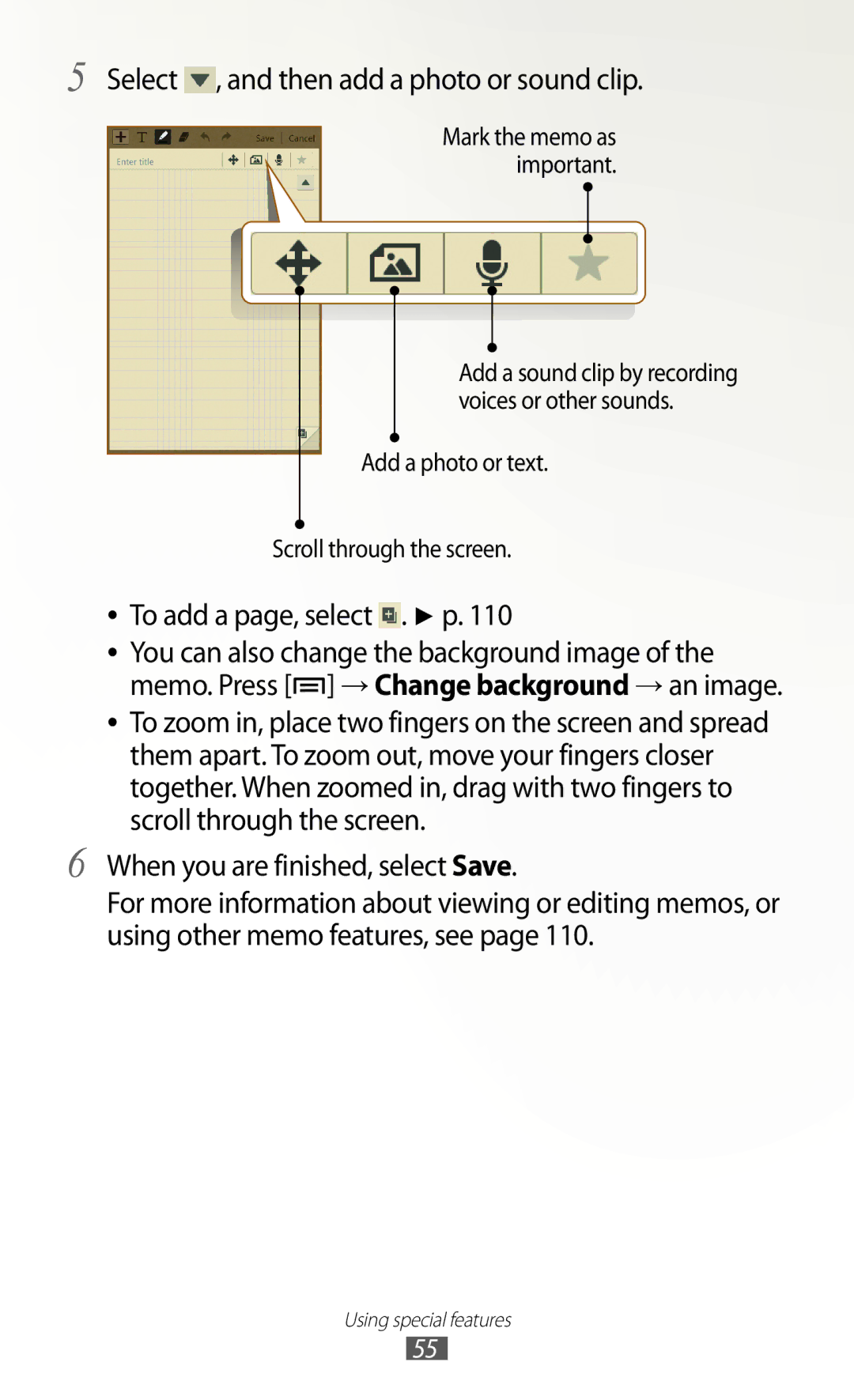 Samsung GT-N7000 user manual Select , and then add a photo or sound clip, To add a page, select . p 