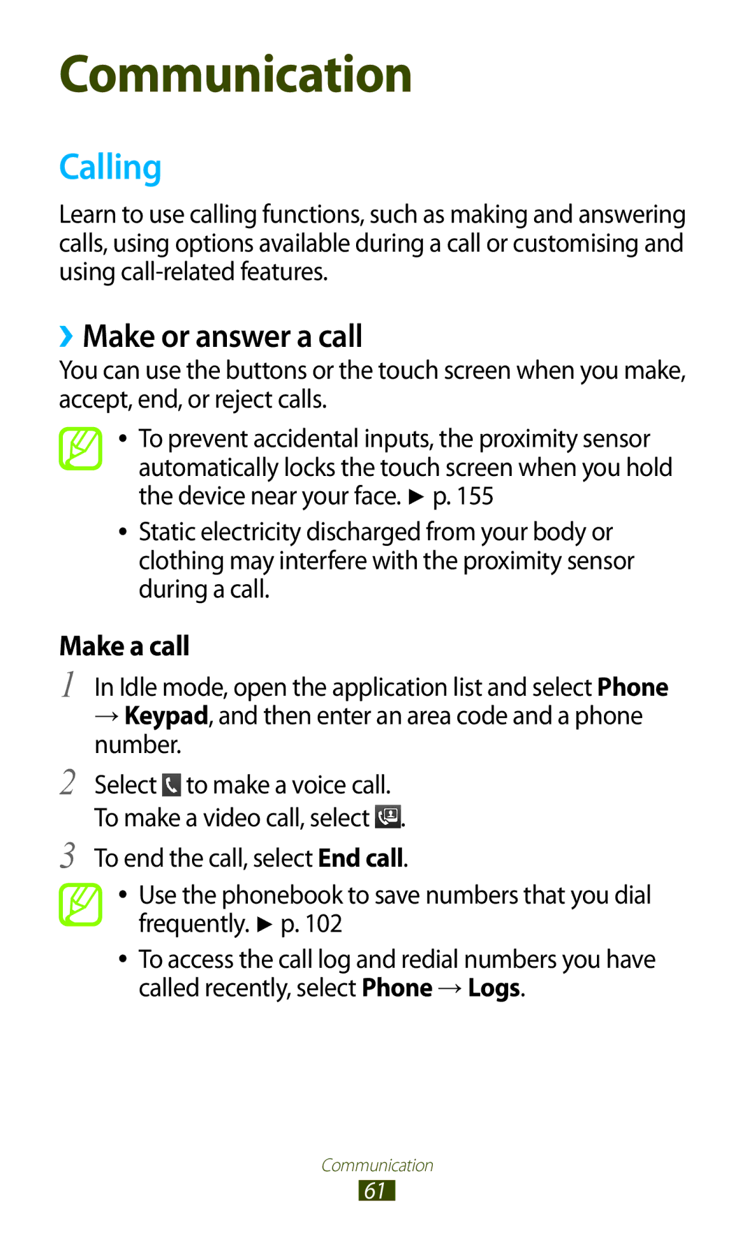 Samsung GT-N7000 user manual Calling, ››Make or answer a call 