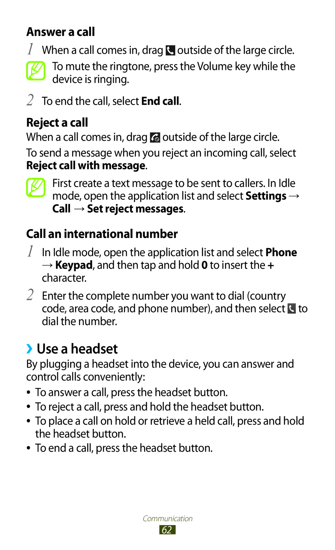 Samsung GT-N7000 user manual ››Use a headset, Answer a call 