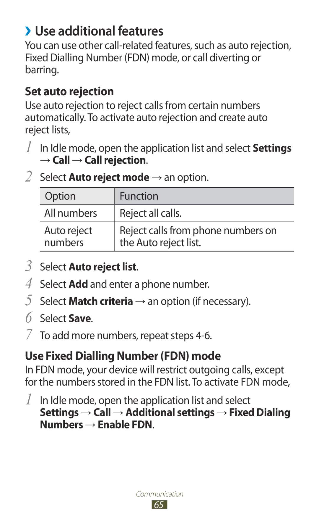 Samsung GT-N7000 user manual ››Use additional features, → Call → Call rejection, Select Auto reject list 