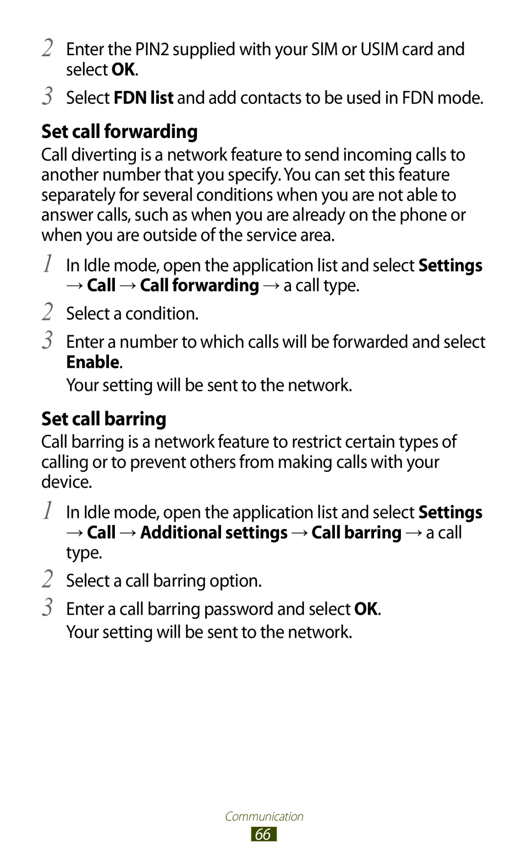 Samsung GT-N7000 user manual → Call → Call forwarding → a call type. Select a condition, Select a call barring option 