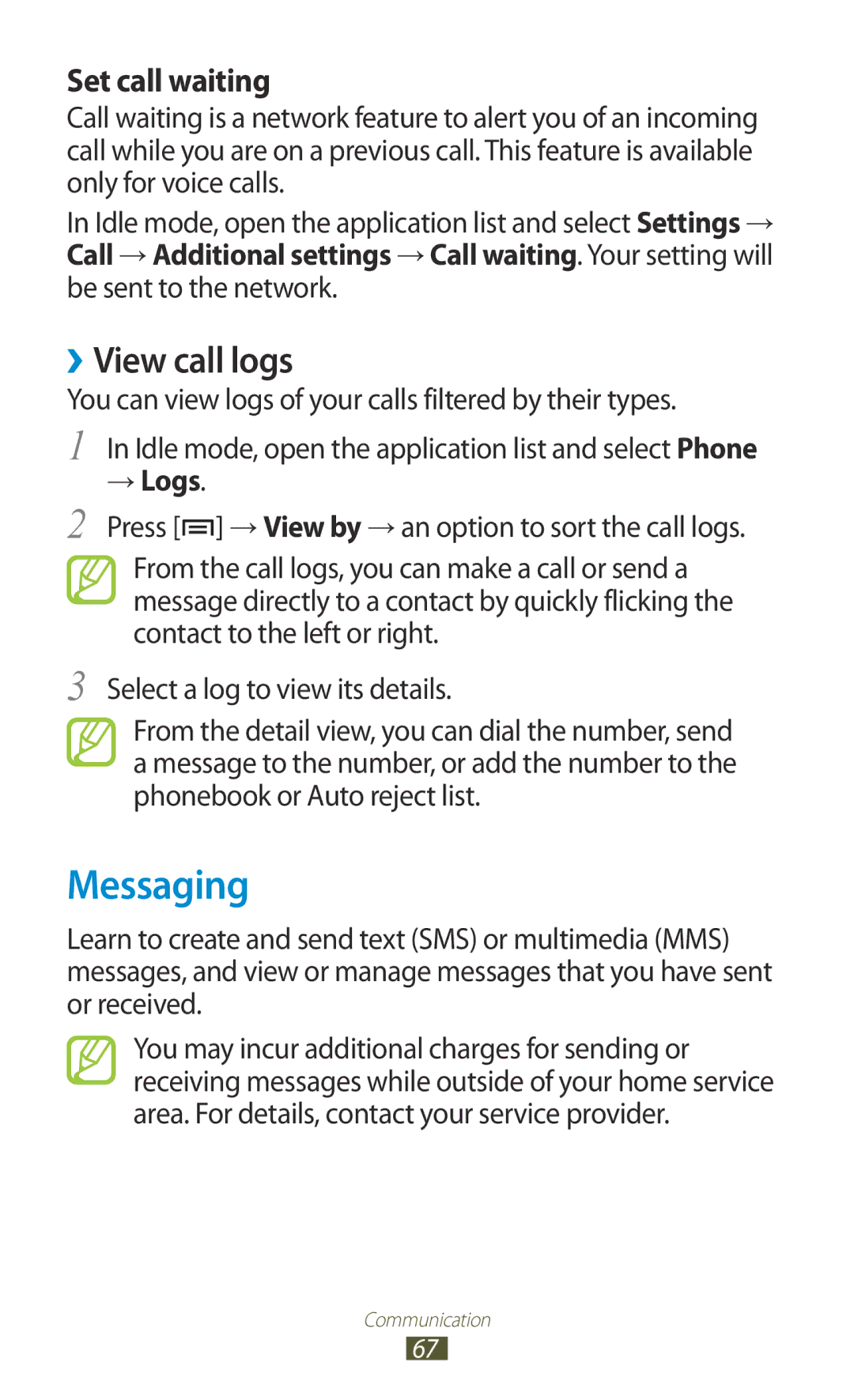 Samsung GT-N7000 user manual Messaging, ››View call logs, → Logs 