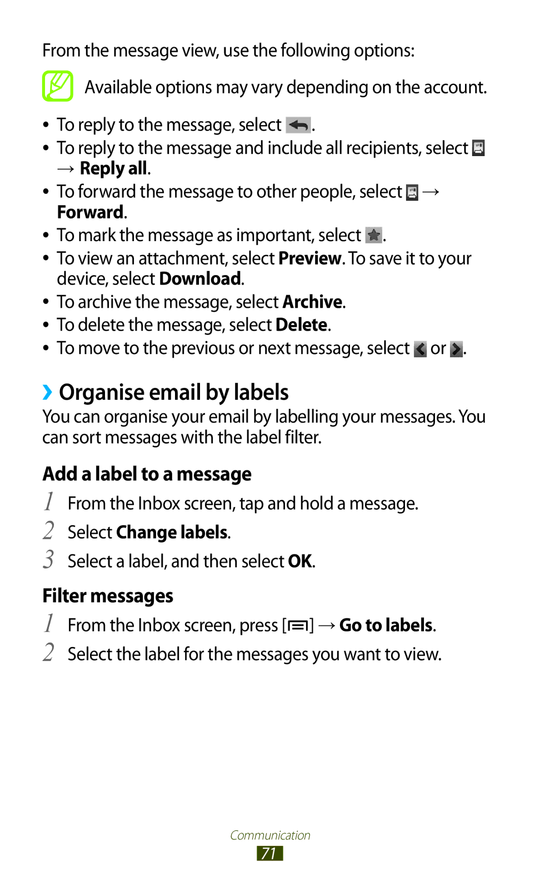 Samsung GT-N7000 user manual ››Organise email by labels, → Reply all, Select Change labels 