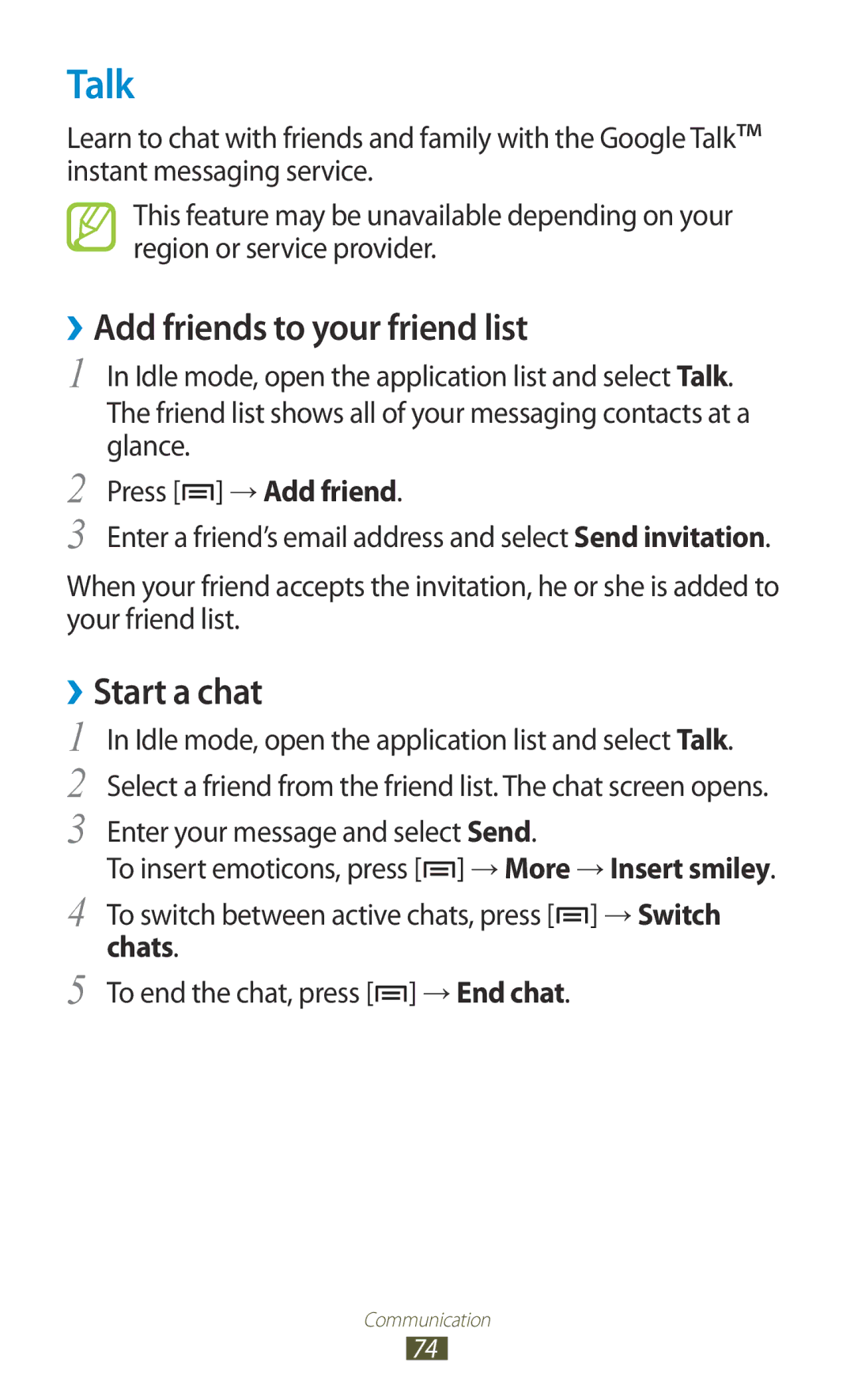 Samsung GT-N7000 user manual Talk, ››Add friends to your friend list, ››Start a chat 