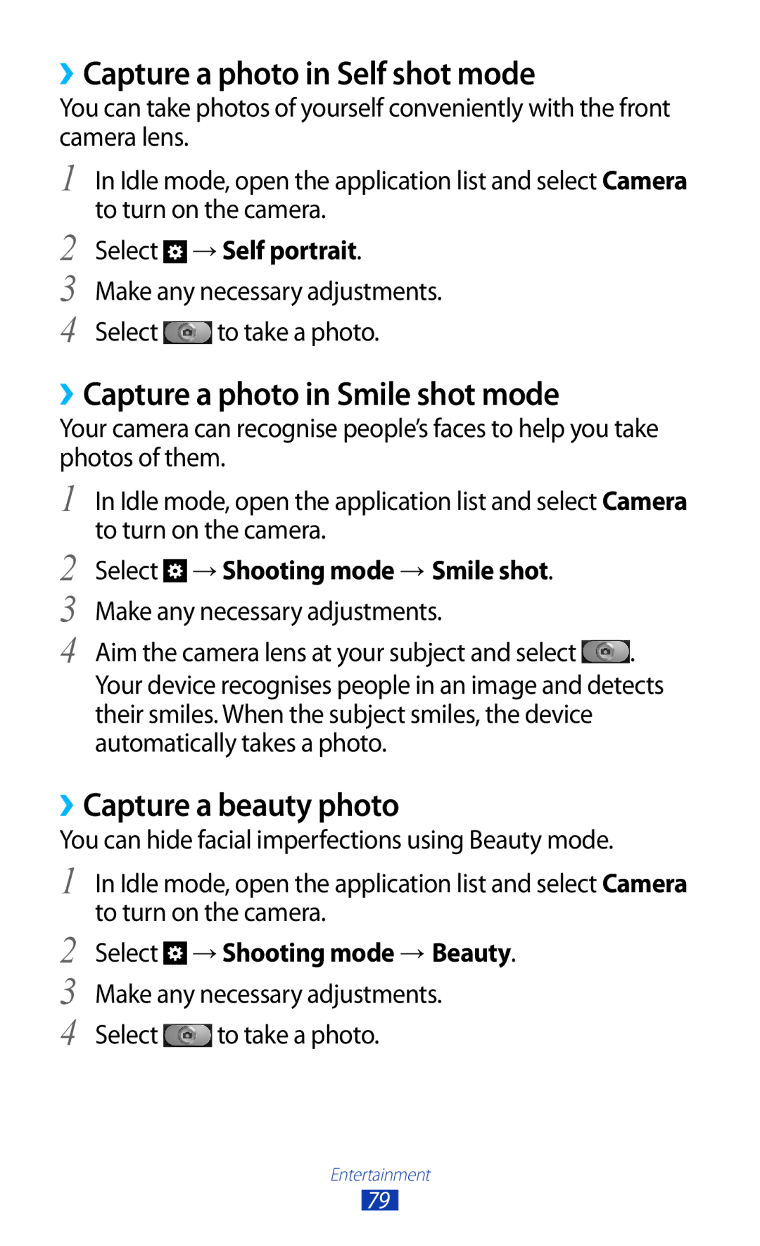 Samsung GT-N7000 ››Capture a photo in Self shot mode, ››Capture a photo in Smile shot mode, ››Capture a beauty photo 