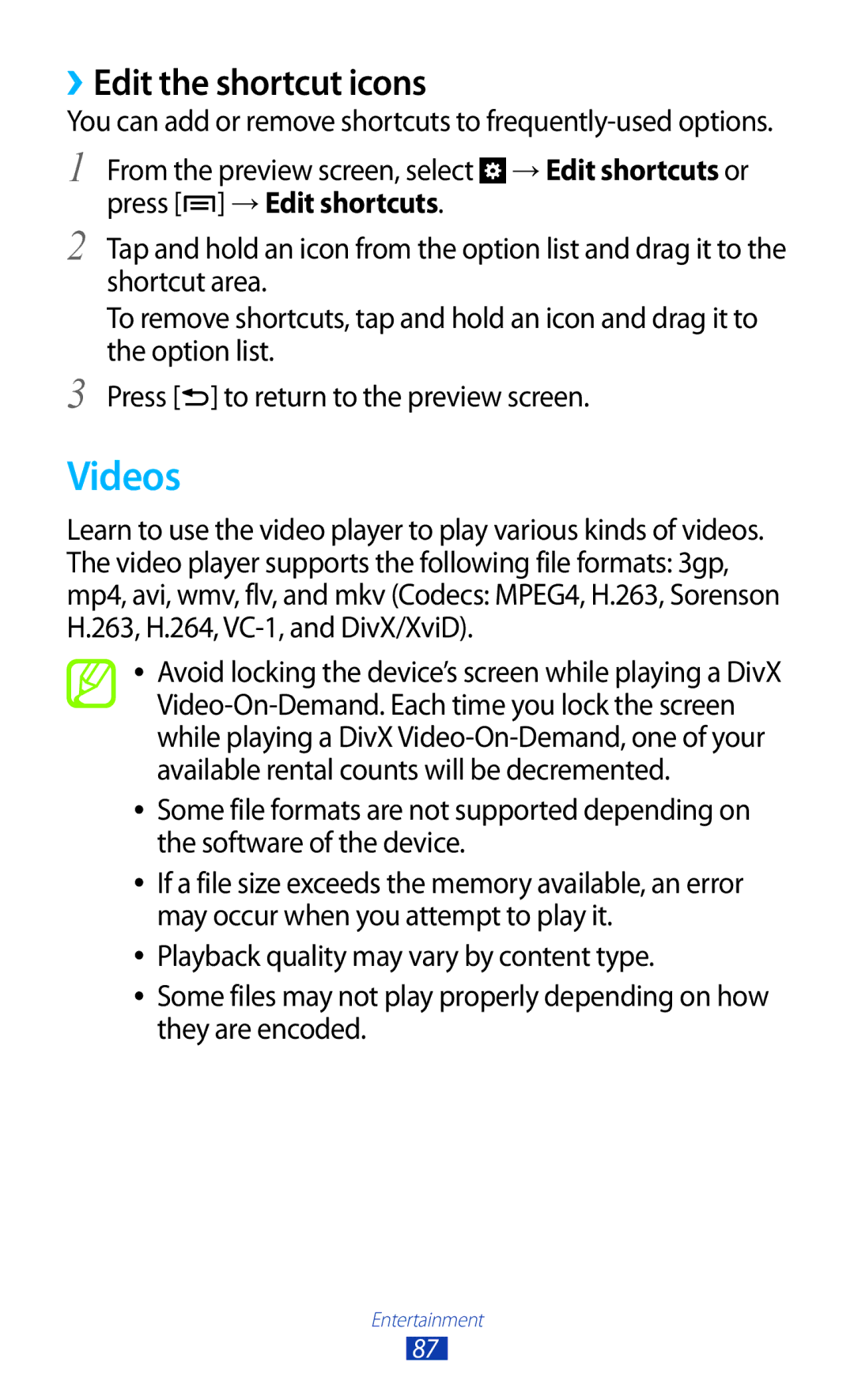 Samsung GT-N7000 user manual Videos, ››Edit the shortcut icons 