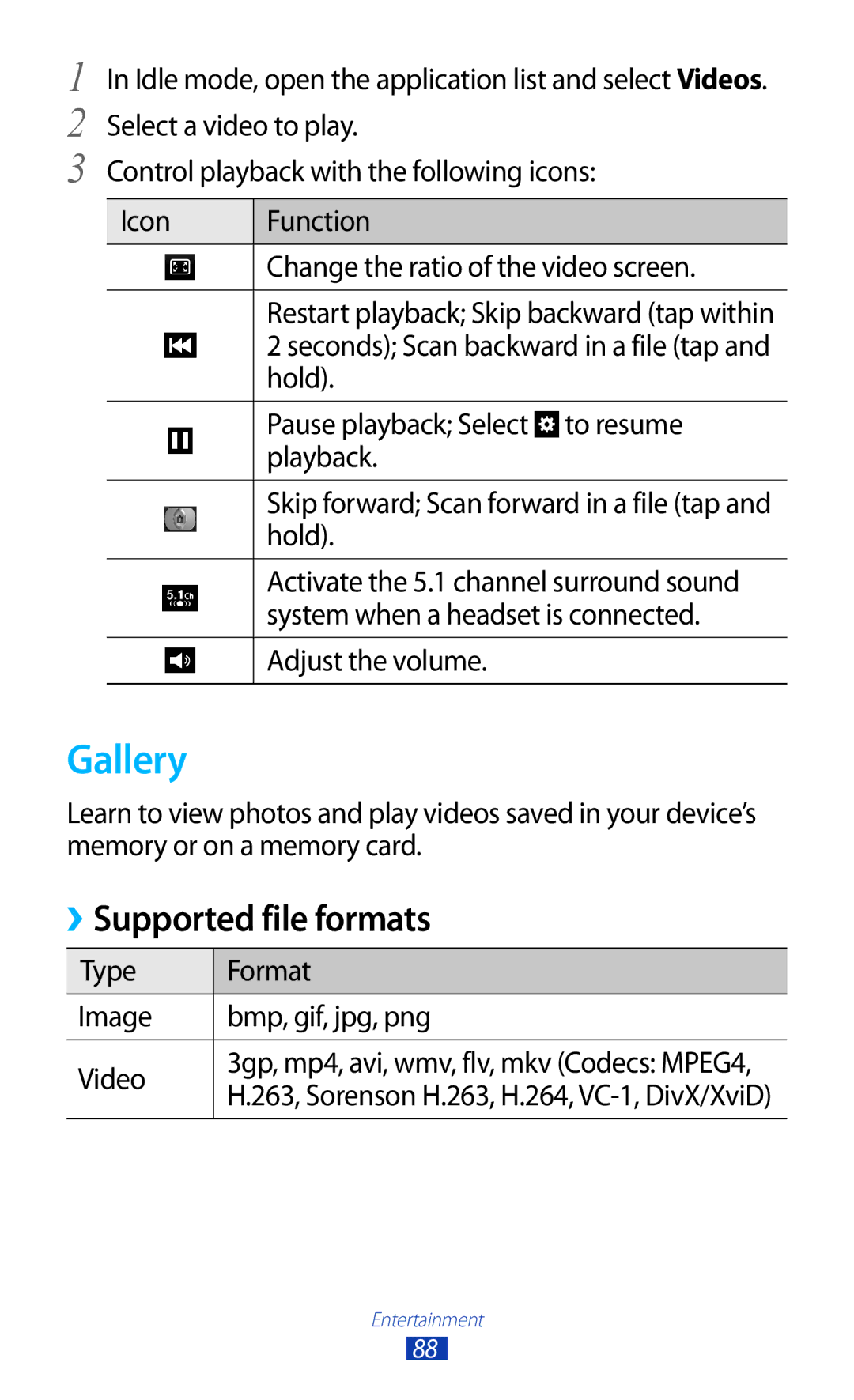 Samsung GT-N7000 user manual Gallery, Supported file formats 