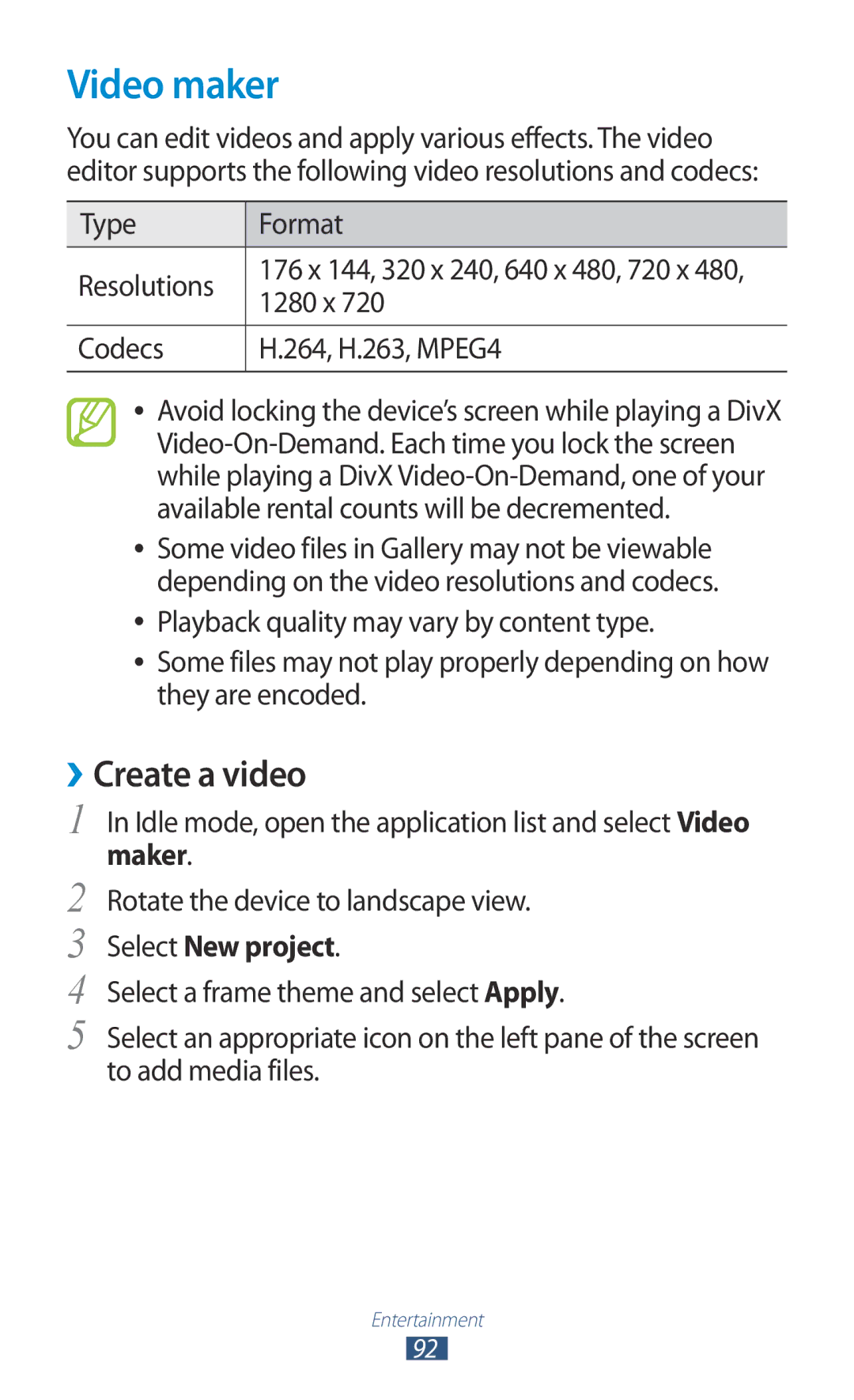 Samsung GT-N7000 user manual Video maker, ››Create a video, Select New project 