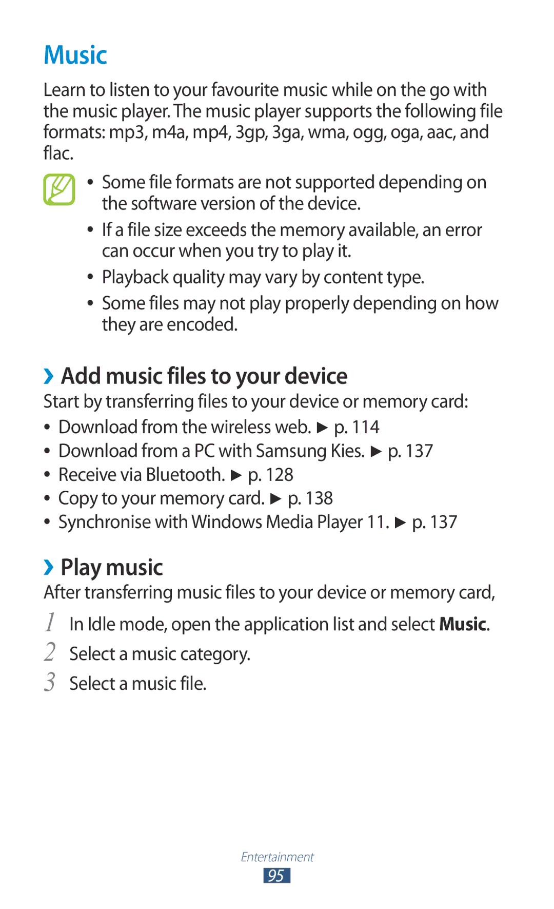 Samsung GT-N7000 user manual Music, ››Add music files to your device, ››Play music 