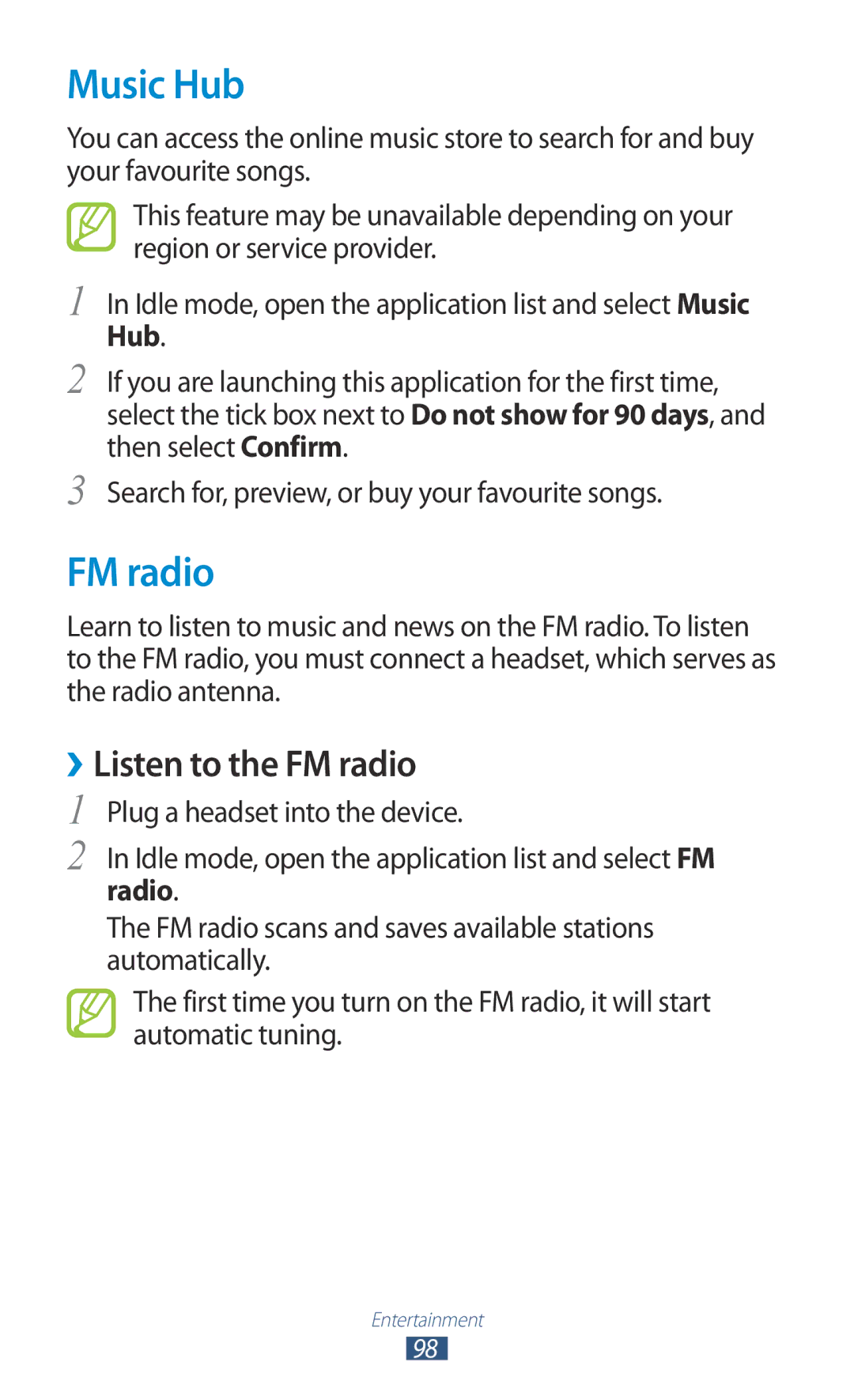 Samsung GT-N7000 user manual Music Hub, ››Listen to the FM radio 