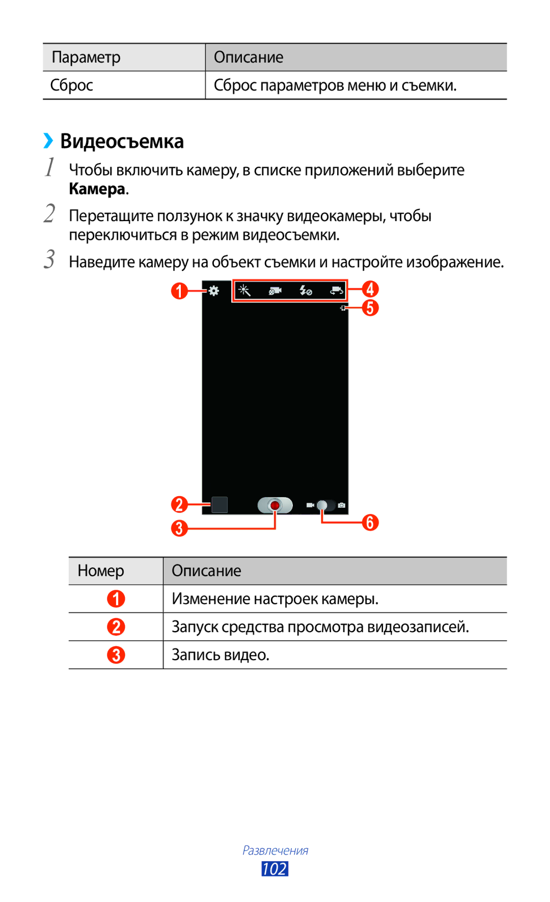 Samsung GT-N7000RWASEB, GT-N7000RWAMBC manual ››Видеосъемка, 102, Параметр Описание Сброс Сброс параметров меню и съемки 