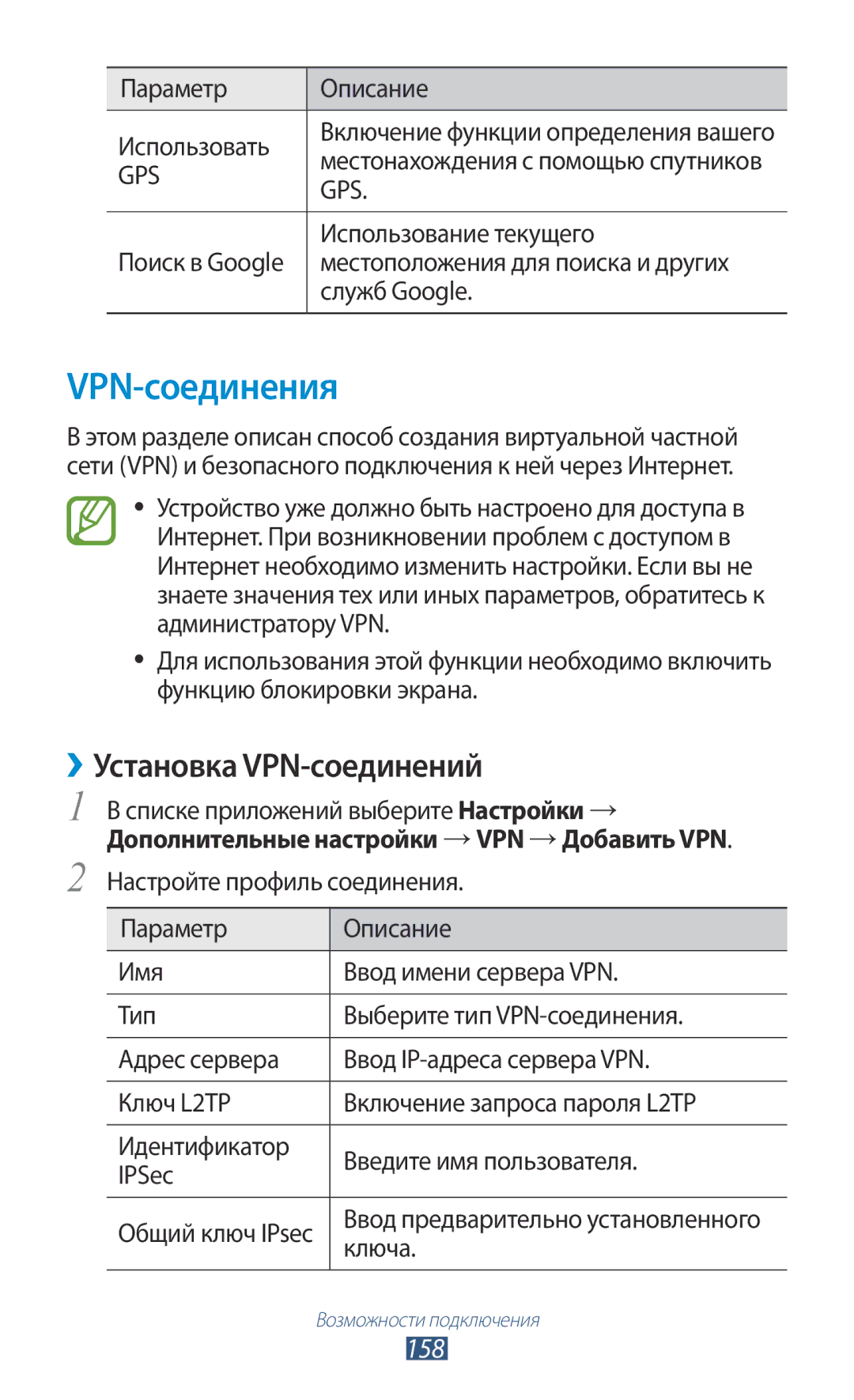 Samsung GT-N7000ZIASER, GT-N7000RWAMBC, GT-N7000ZBAMBC, GT-N7000RWASEB manual VPN-соединения, Установка VPN-соединений, 158 