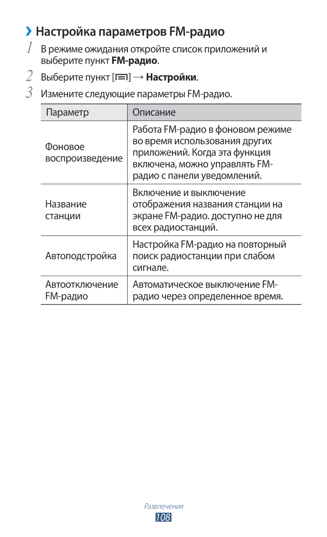 Samsung GT-N7000ZIASER manual ››Настройка параметров FM-радио, Параметр Описание, Включена, можно управлять FM, 108 