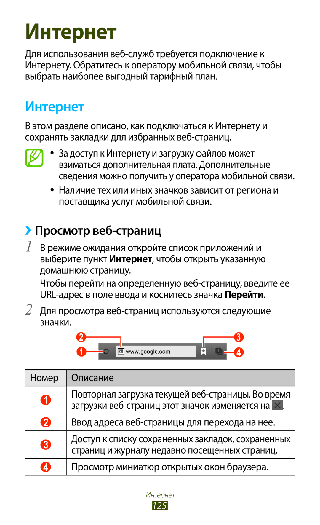 Samsung GT-N7000ZBASER, GT-N7000RWAMBC Интернет, ››Просмотр веб-страниц, Ввод адреса веб-страницы для перехода на нее, 125 