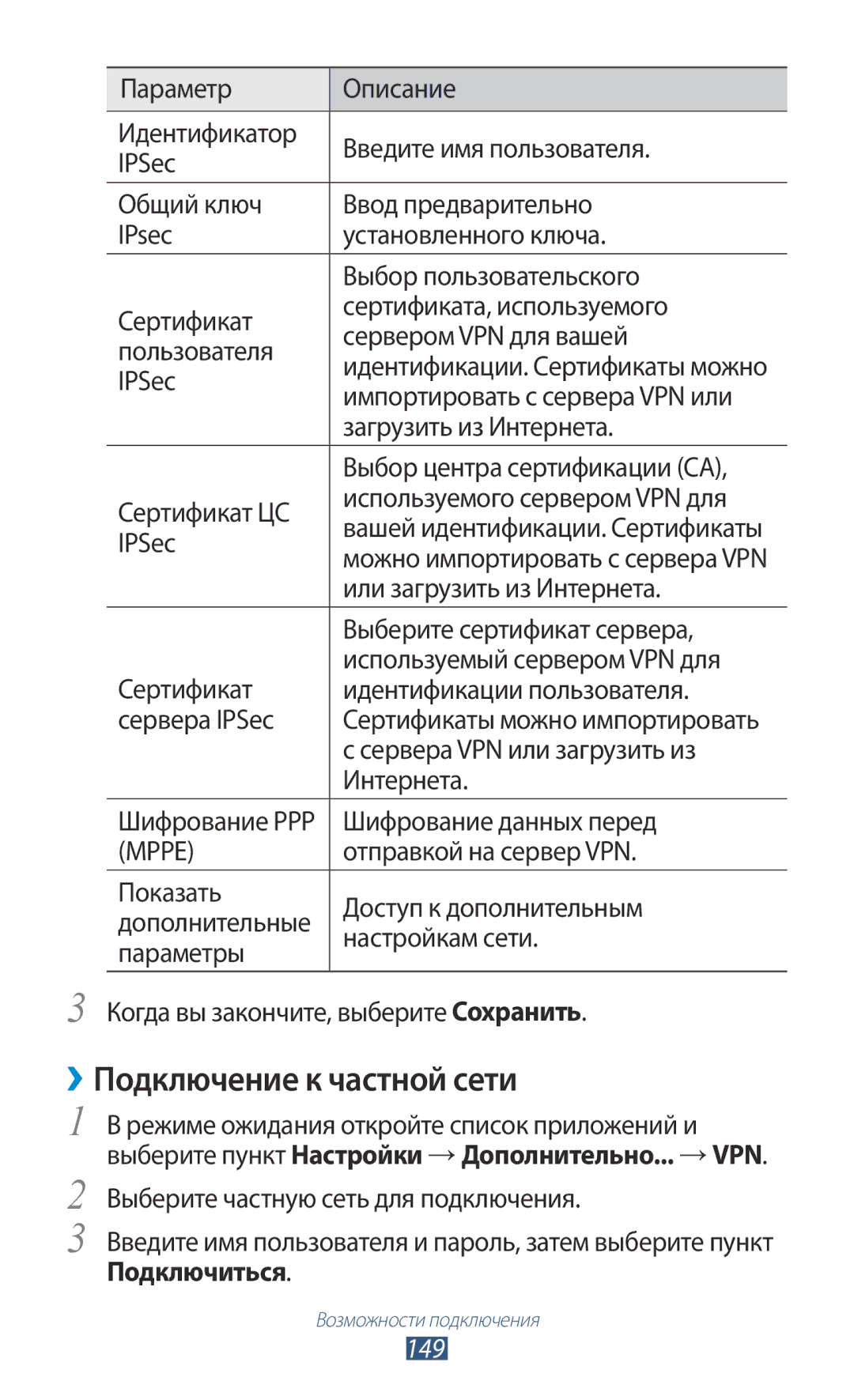 Samsung GT-N7000ZIESER, GT-N7000RWAMBC, GT-N7000ZBAMBC, GT-N7000RWASEB manual ››Подключение к частной сети, Подключиться, 149 