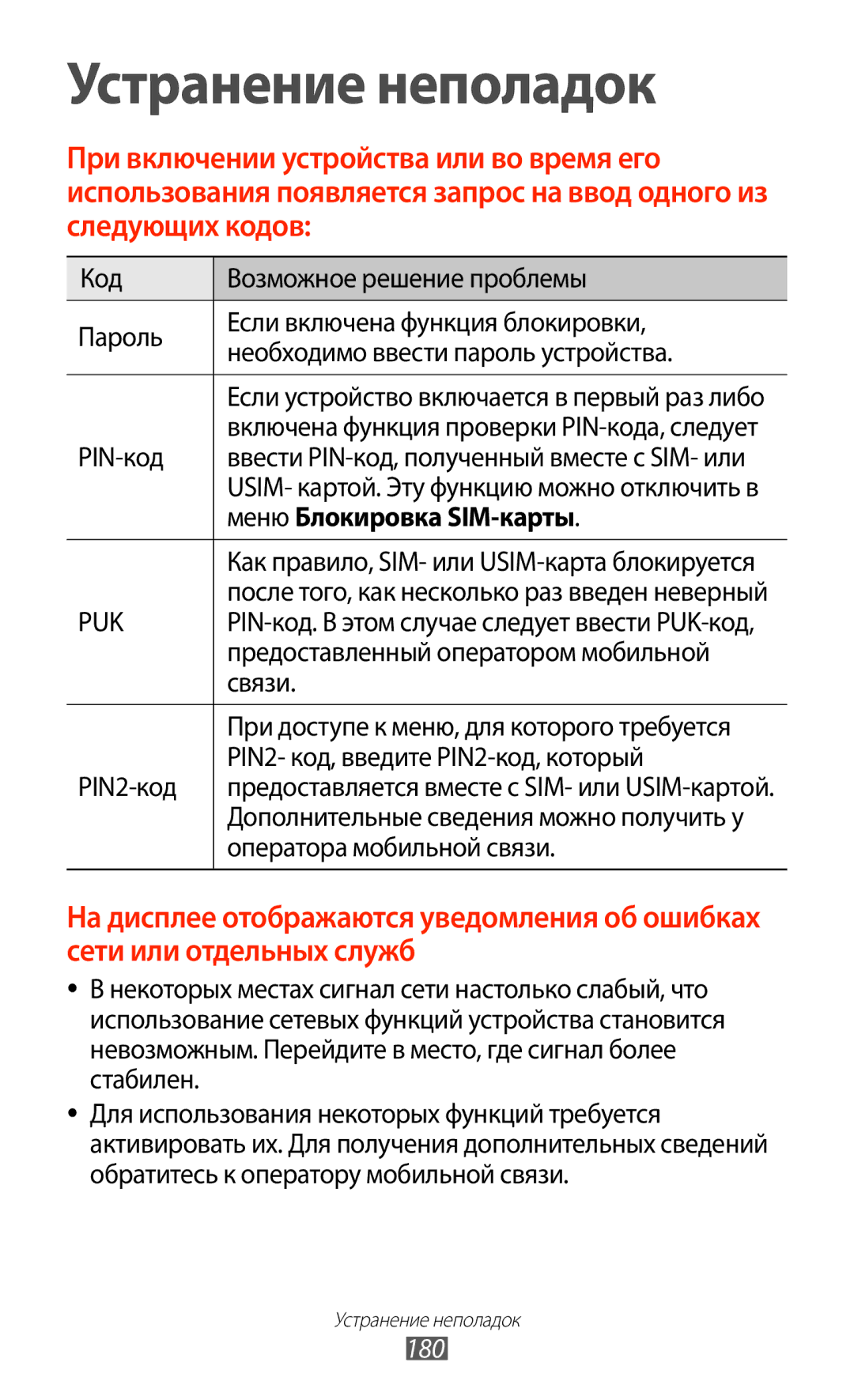 Samsung GT-N7000RWAMBC, GT-N7000ZBAMBC, GT-N7000RWASEB, GT-N7000ZBASEB, GT-N7000RWESER manual Меню Блокировка SIM-карты, 180 