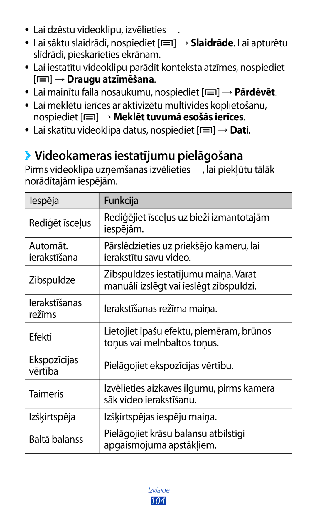 Samsung GT-N7000RWASEB manual ››Videokameras iestatījumu pielāgošana, Lai skatītu videoklipa datus, nospiediet →Dati 