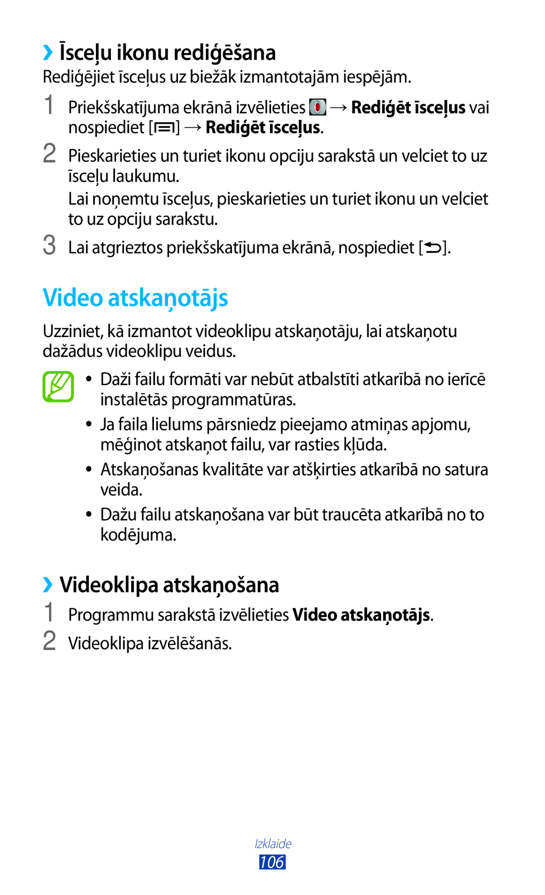 Samsung GT-N7000RWASEB, GT-N7000ZBASEB manual Video atskaņotājs, ››Īsceļu ikonu rediģēšana, ››Videoklipa atskaņošana 