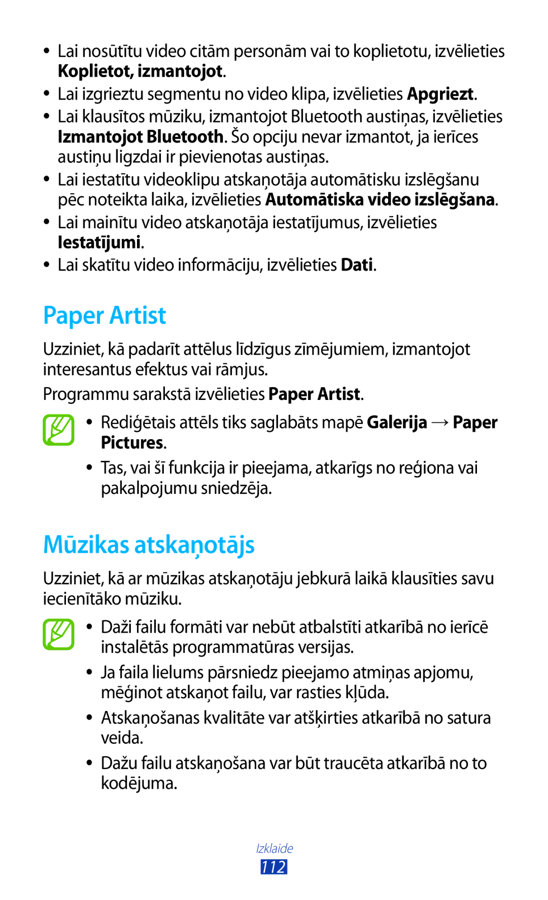 Samsung GT-N7000RWASEB, GT-N7000ZBASEB manual Paper Artist, Mūzikas atskaņotājs 