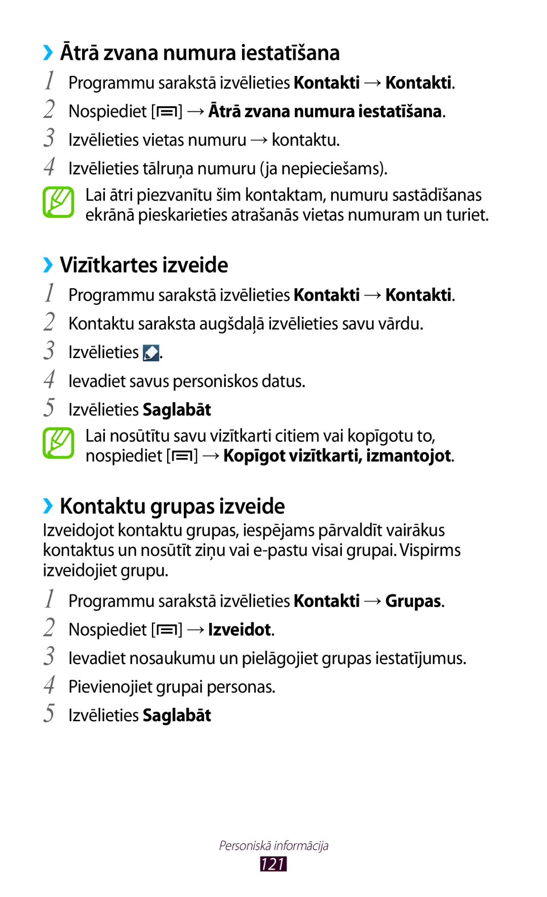 Samsung GT-N7000ZBASEB, GT-N7000RWASEB manual ››Vizītkartes izveide, ››Kontaktu grupas izveide 