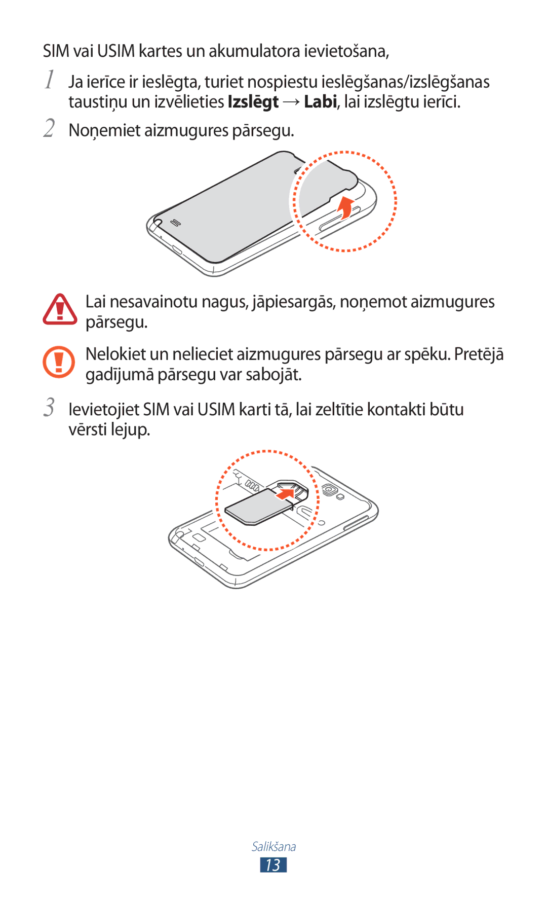 Samsung GT-N7000ZBASEB, GT-N7000RWASEB manual SIM vai Usim kartes un akumulatora ievietošana 