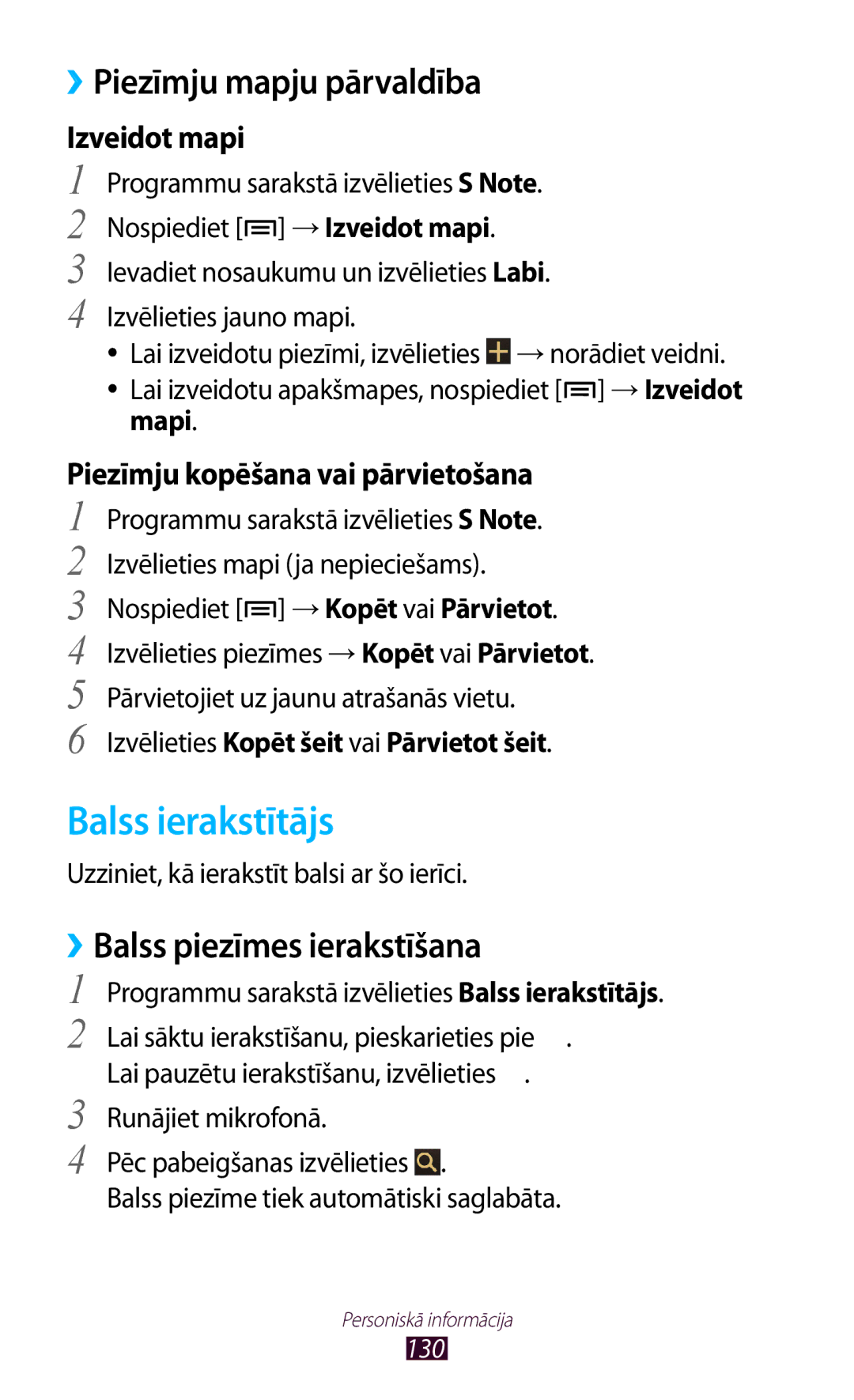 Samsung GT-N7000RWASEB manual Balss ierakstītājs, Piezīmju mapju pārvaldība, Balss piezīmes ierakstīšana, Izveidot mapi 