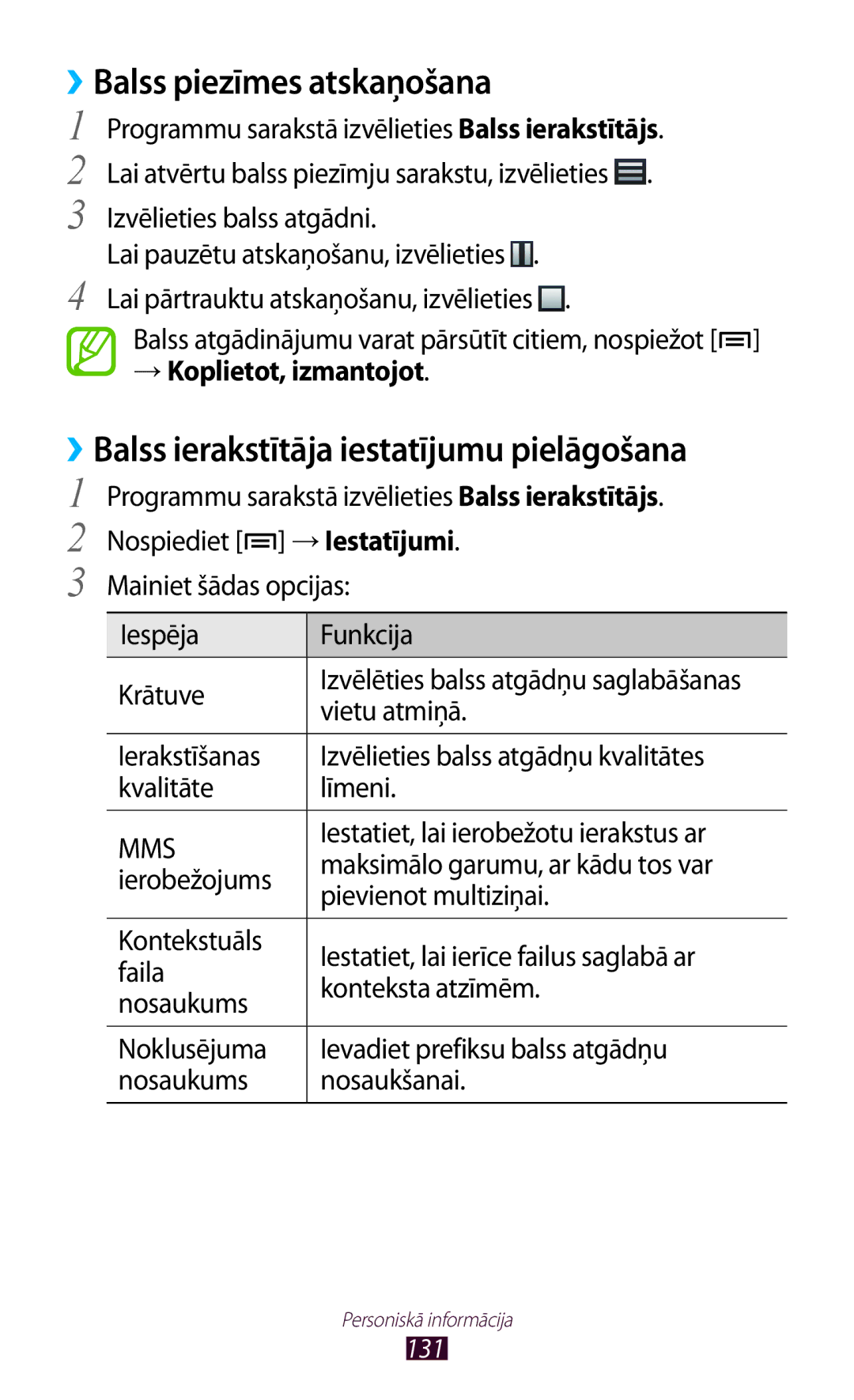 Samsung GT-N7000ZBASEB, GT-N7000RWASEB manual ››Balss ierakstītāja iestatījumu pielāgošana, → Koplietot, izmantojot 