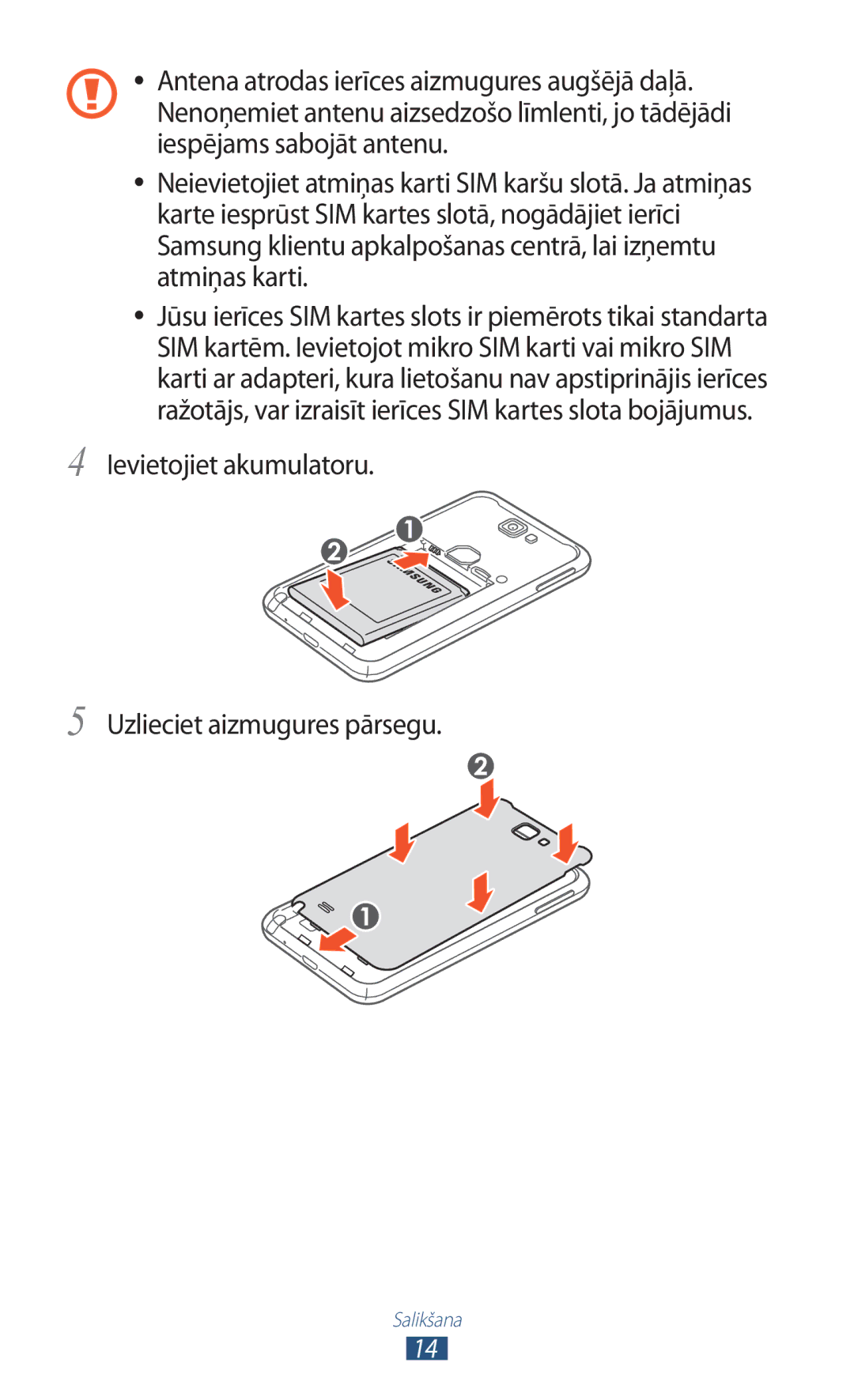 Samsung GT-N7000RWASEB, GT-N7000ZBASEB manual Ievietojiet akumulatoru Uzlieciet aizmugures pārsegu 