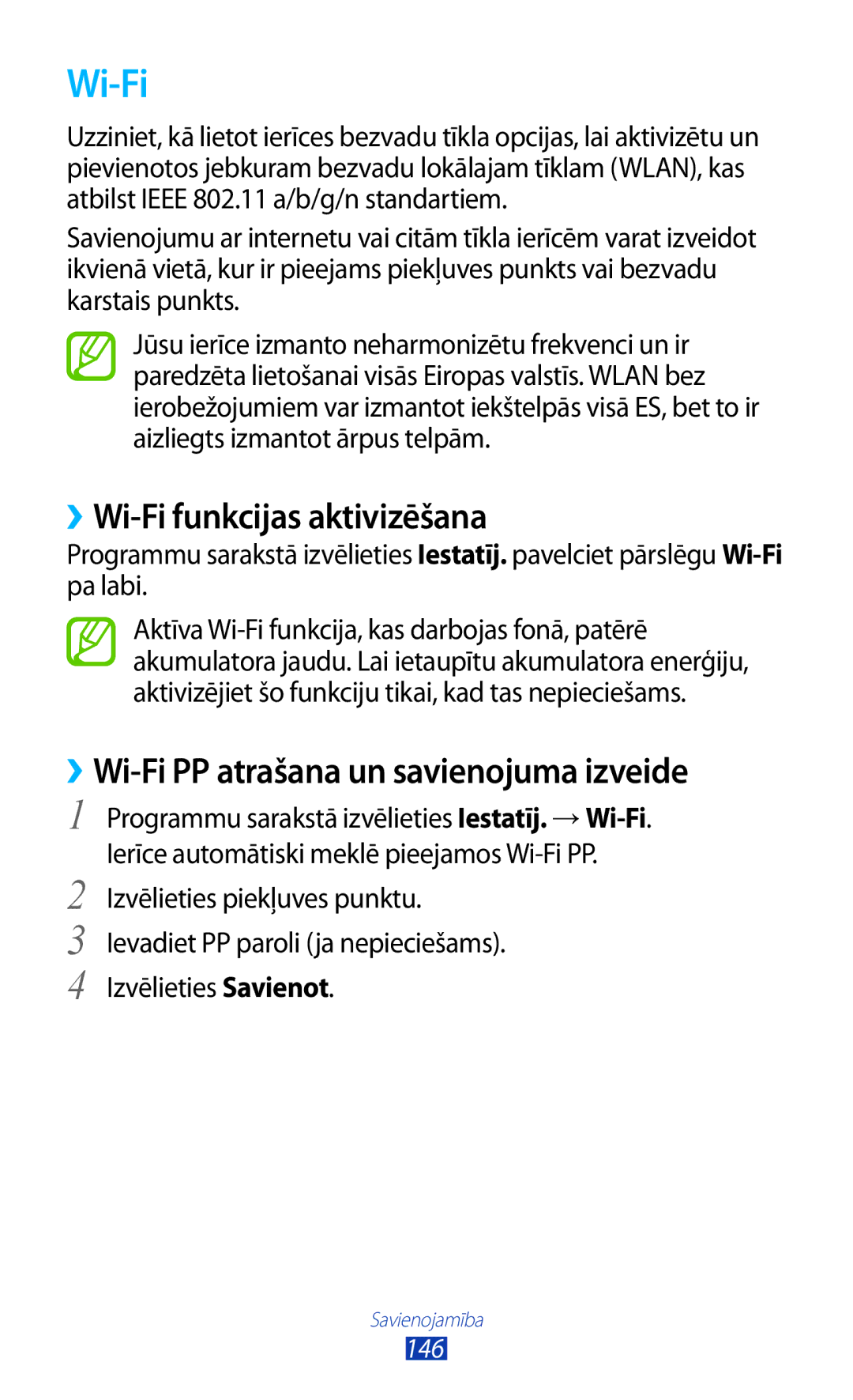 Samsung GT-N7000RWASEB, GT-N7000ZBASEB manual ››Wi-Fi funkcijas aktivizēšana, ››Wi-Fi PP atrašana un savienojuma izveide 