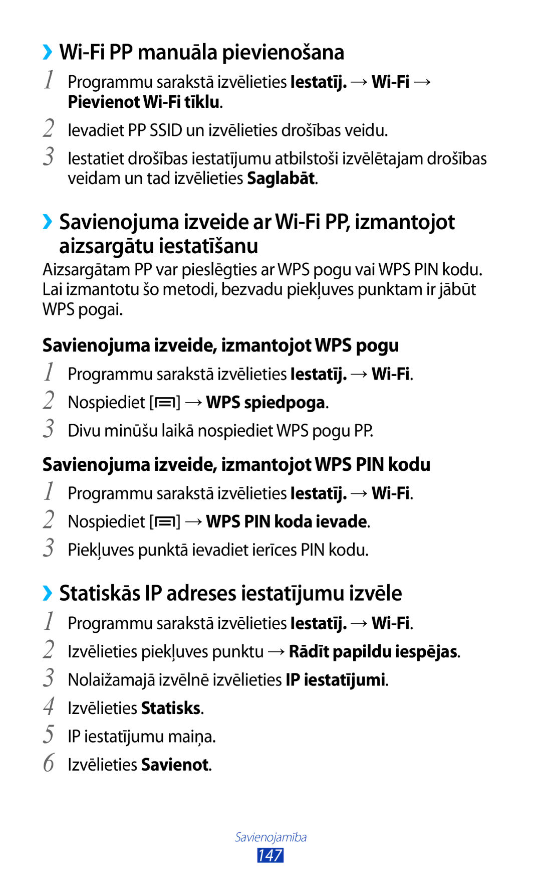 Samsung GT-N7000ZBASEB, GT-N7000RWASEB manual ››Wi-Fi PP manuāla pievienošana, ››Statiskās IP adreses iestatījumu izvēle 