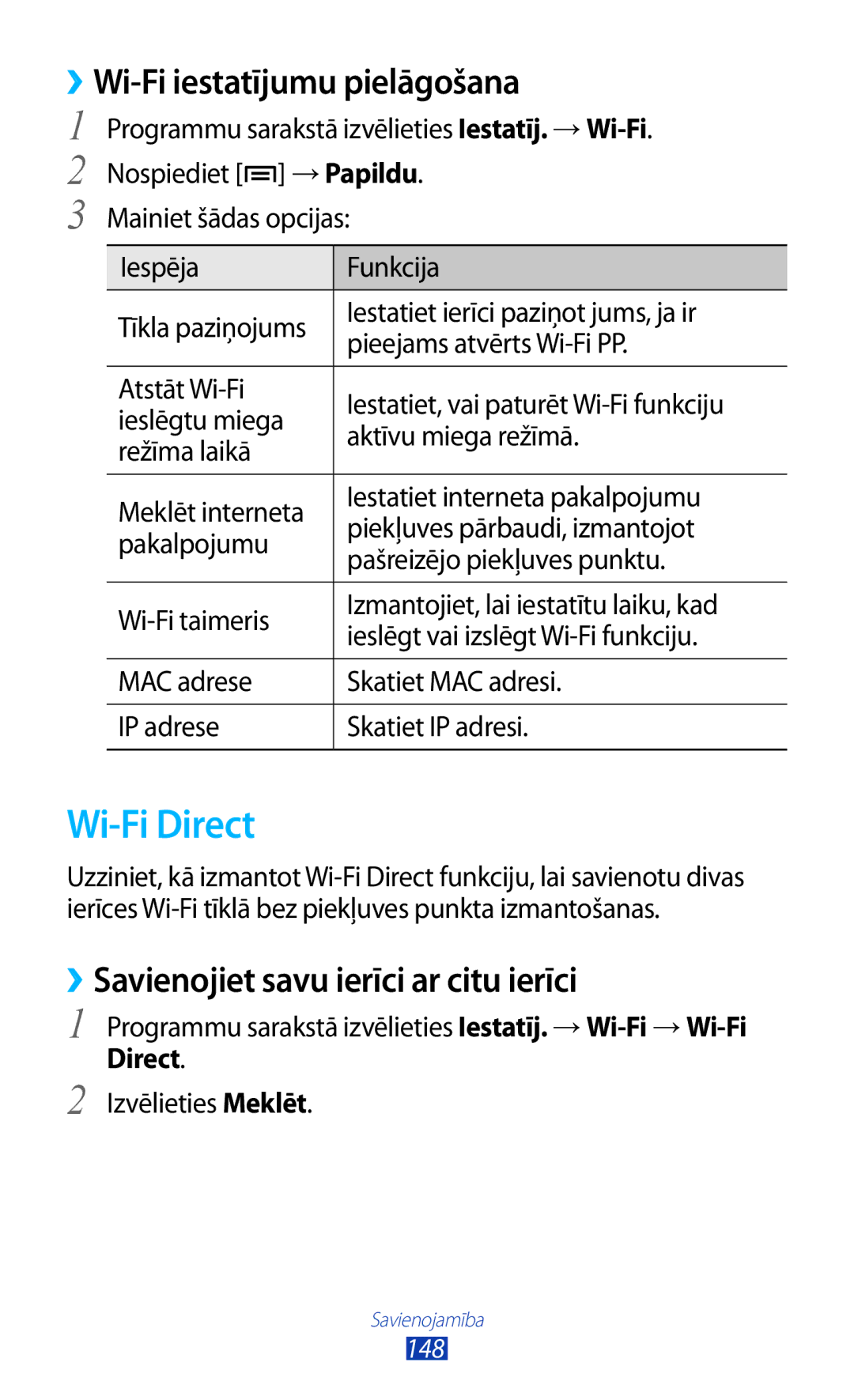 Samsung GT-N7000RWASEB manual Wi-Fi Direct, ››Wi-Fi iestatījumu pielāgošana, ››Savienojiet savu ierīci ar citu ierīci 