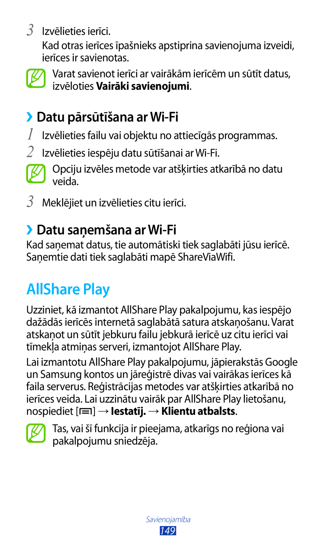 Samsung GT-N7000ZBASEB, GT-N7000RWASEB manual AllShare Play, ››Datu pārsūtīšana ar Wi-Fi, ››Datu saņemšana ar Wi-Fi 