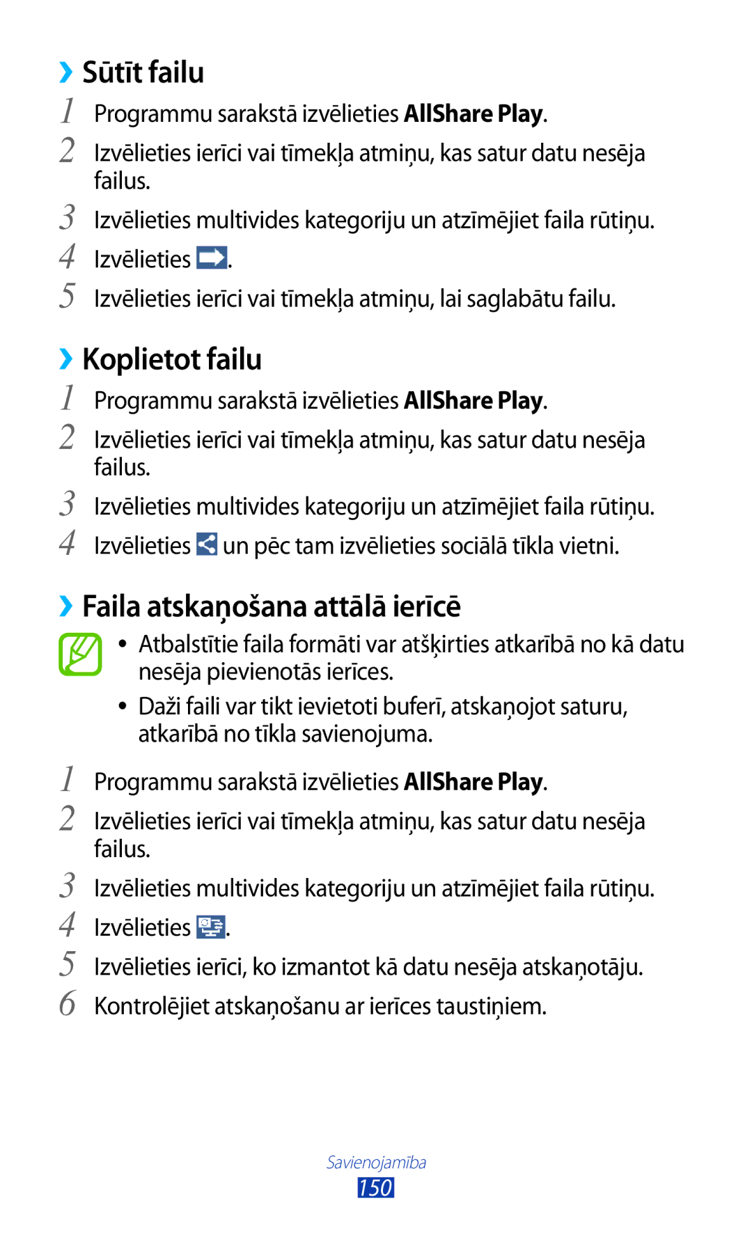 Samsung GT-N7000RWASEB, GT-N7000ZBASEB manual ››Sūtīt failu, ››Koplietot failu, ››Faila atskaņošana attālā ierīcē 