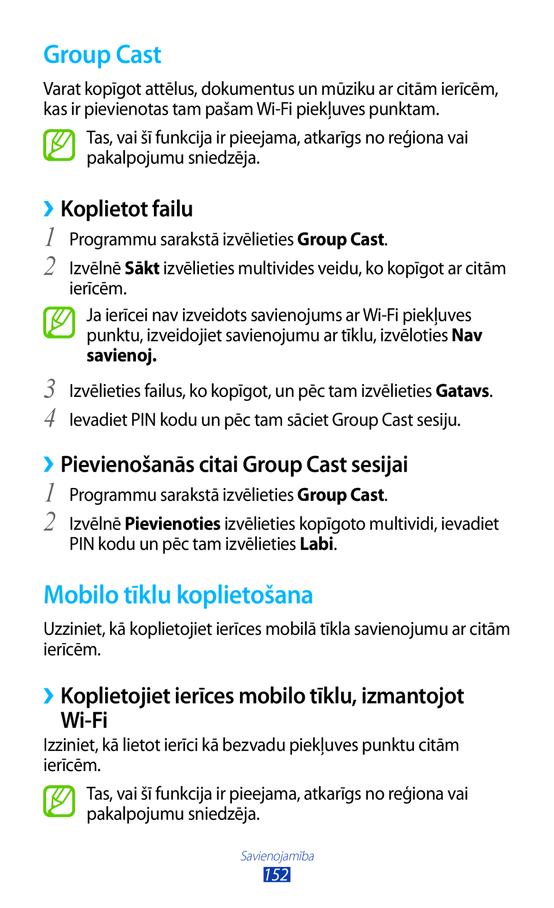 Samsung GT-N7000RWASEB, GT-N7000ZBASEB manual Mobilo tīklu koplietošana, ››Pievienošanās citai Group Cast sesijai 