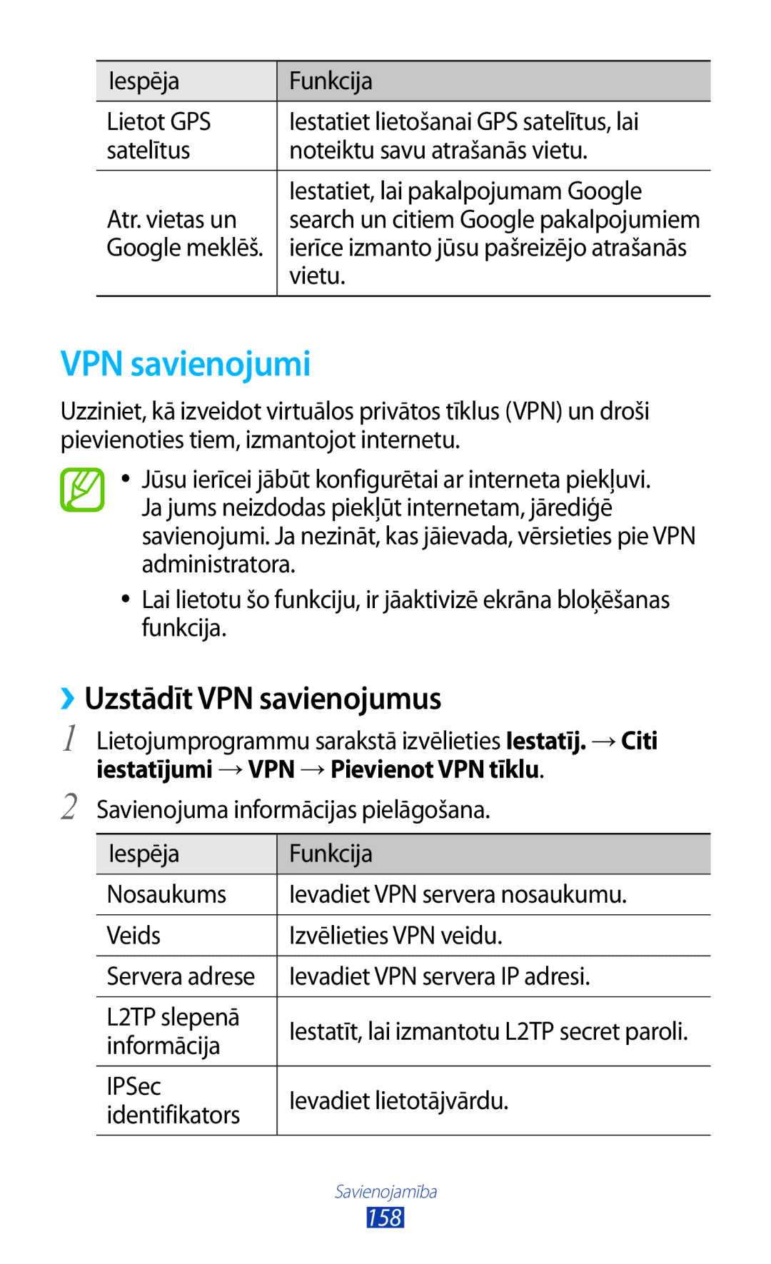 Samsung GT-N7000RWASEB, GT-N7000ZBASEB VPN savienojumi, ››Uzstādīt VPN savienojumus, Iestatījumi →VPN →Pievienot VPN tīklu 